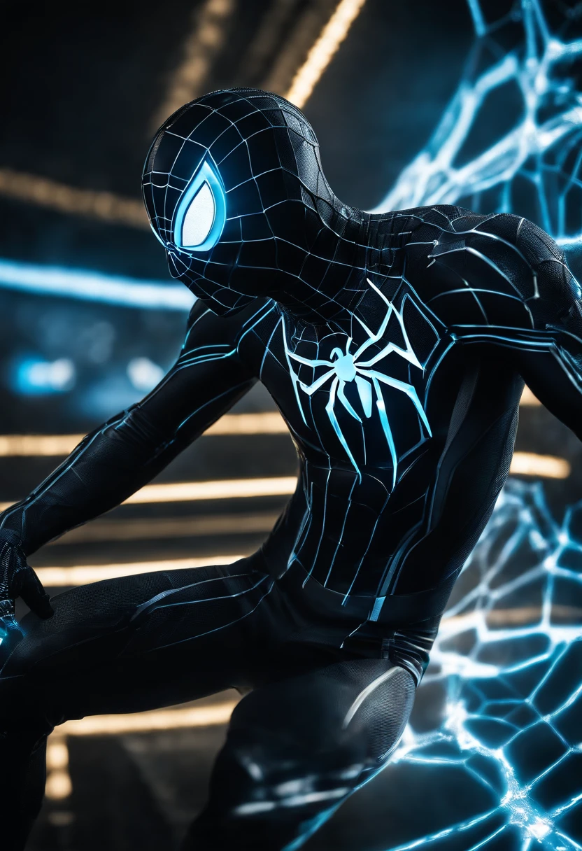 Tron Combined with Spiderman, tron legacy, battle pose, crystal clear image, intricate details, close up, battle scars, black and blue themed, simulation world, glowing web