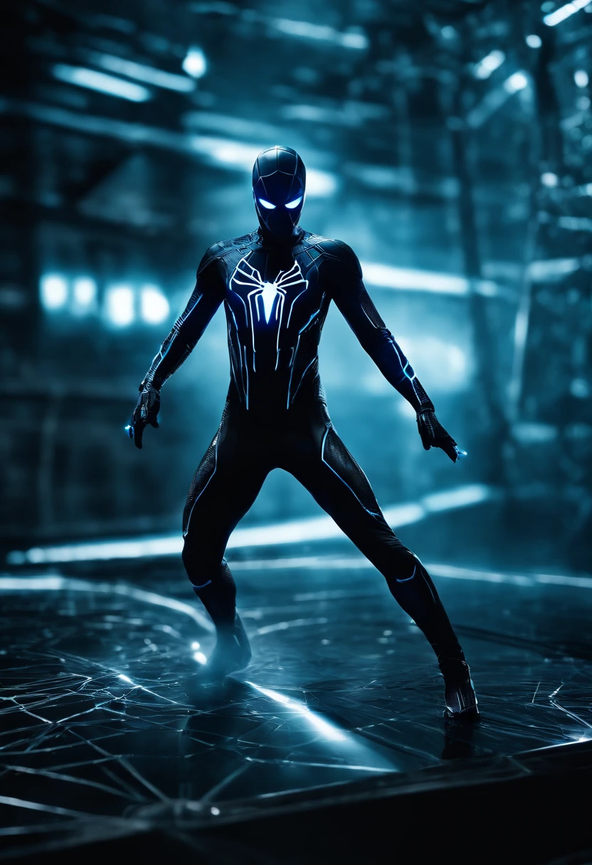 Tron Combined with Spiderman, tron legacy, battle pose, crystal clear image, intricate details, close up, battle scars, black and blue themed, simulation world, glowing web