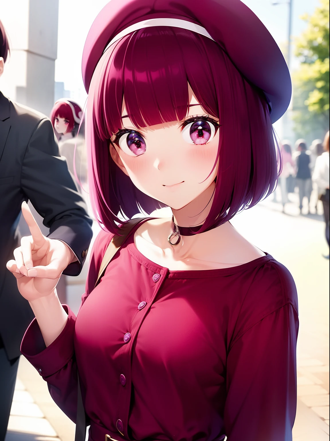 1 girl, Graduation Bob, Straight short hair,  Medium violet redhead, Medium Violet Red Eyes, big drooping eyes, Small beret, selfish, kindergarten