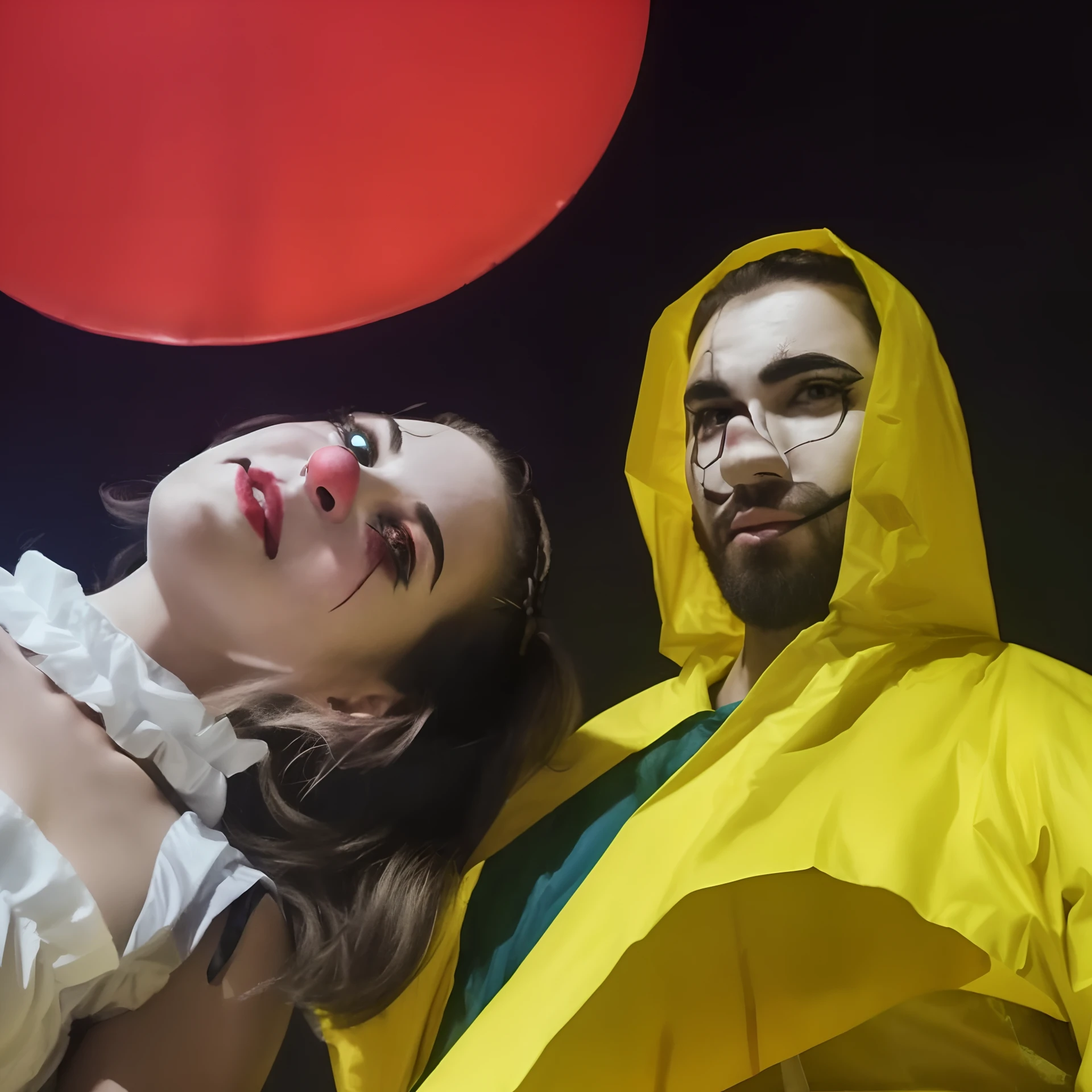 There's a man and a woman dressed in rainwear, estilo pennywise, clowns, dia das bruxas, creepy themed, red lighting on their faces, still from a music video, medium shot of two characters, durante uma lua de sangue, set foto no figurino,