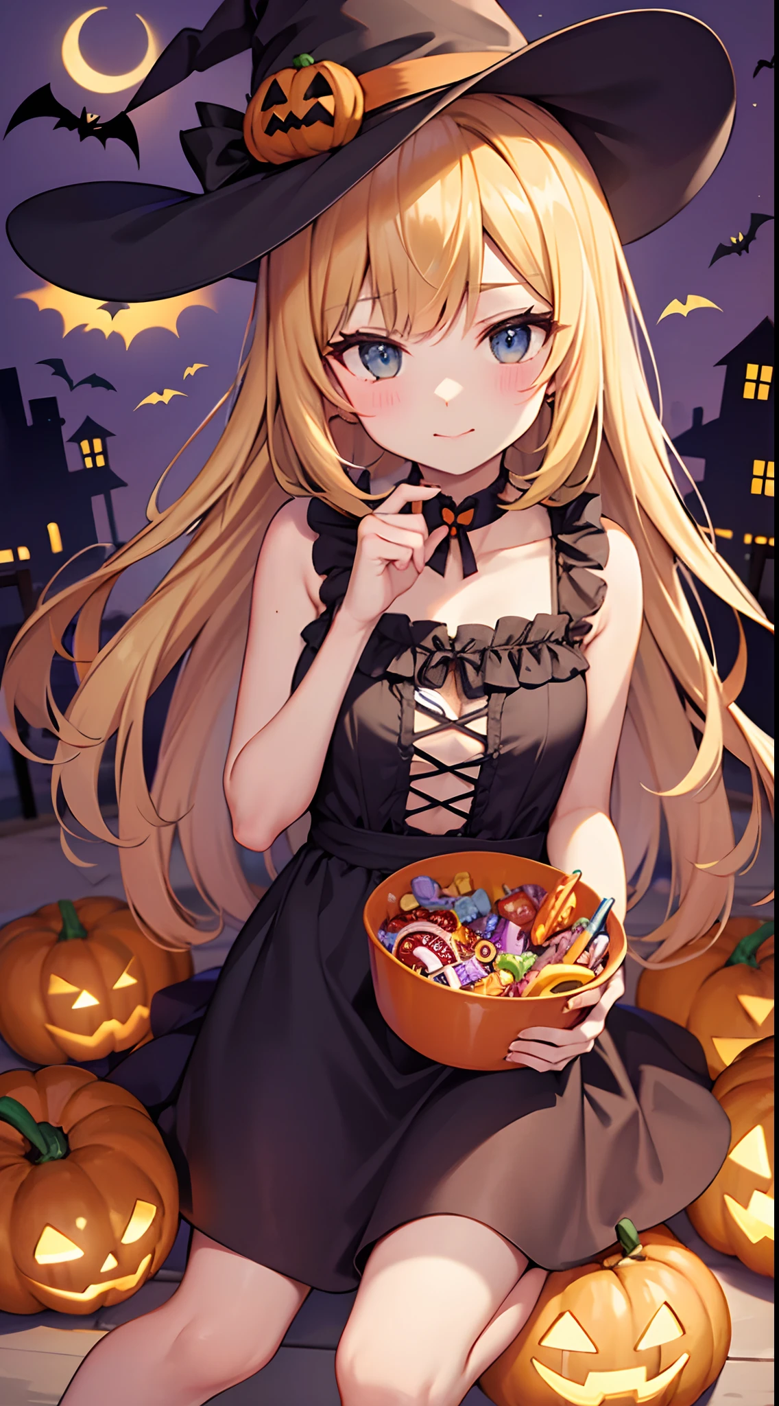 (top-quality)、(masterpiece)、(ultra deteiled)、halloween night、(Holding candy in hand:1.5)、(a blond:1.5)、Beautiful girl alone、(Lori:1.2)、(12year old)、cute little、tomba、plein air、Starry sky、(FULL BODYSHOT)、(A smile)、((Heterochromia,Red right eye,The left eye is blue:1.2))、Clear eyes、(Twin tail:1.3)、Longhaire、Black hair fastening ribbon、(Fake cat ears)、Floating hair、ribbon on the neck、(Orange loose dress:1.2)、(Purple ruffles:1.2)、bell sleeves、(Black High Socks)、jack-o-lanterns、squash、(knee-bendings sitting)