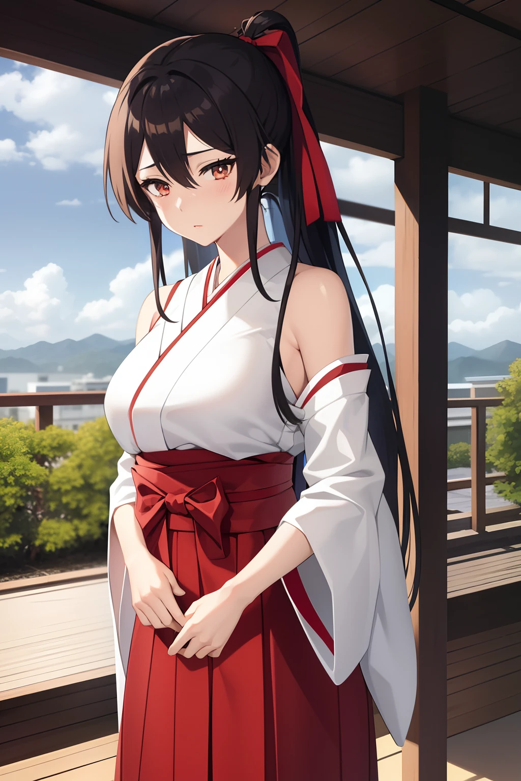 1girl, bangs, bare_shoulders, blue_sky, breasts, brown_eyes, cloud, cloudy_sky, day, detached_sleeves, fence, hair_between_eyes, hair_ribbon, hakama, hakama_skirt, japanese_clothes, kimono, large_breasts, long_hair, looking_at_viewer, obi, railing, red_hakama, red_ribbon, ribbon, sash, shouji, sky, sliding_doors, solo, tree, veranda, white_kimono
((best quality)), ((masterpiece)), (detailed), Sagirin