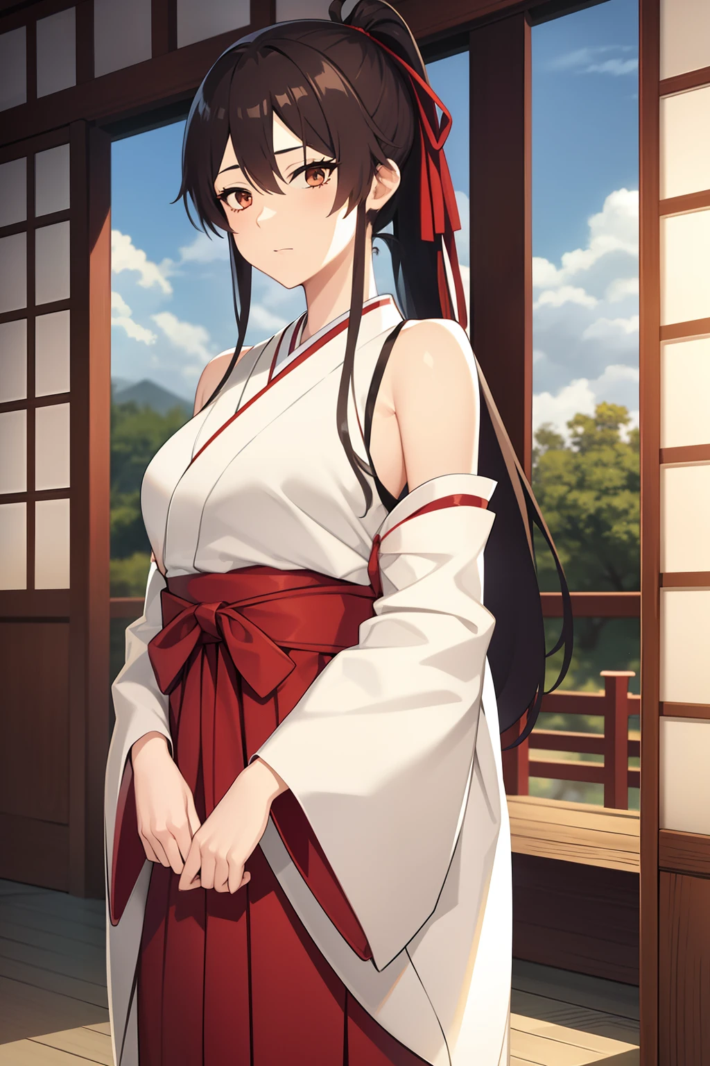 1girl, bangs, bare_shoulders, blue_sky, breasts, brown_eyes, cloud, cloudy_sky, day, detached_sleeves, fence, hair_between_eyes, hair_ribbon, hakama, hakama_skirt, japanese_clothes, kimono, large_breasts, long_hair, looking_at_viewer, obi, railing, red_hakama, red_ribbon, ribbon, sash, shouji, sky, sliding_doors, solo, tree, veranda, white_kimono
((best quality)), ((masterpiece)), (detailed), Sagirin