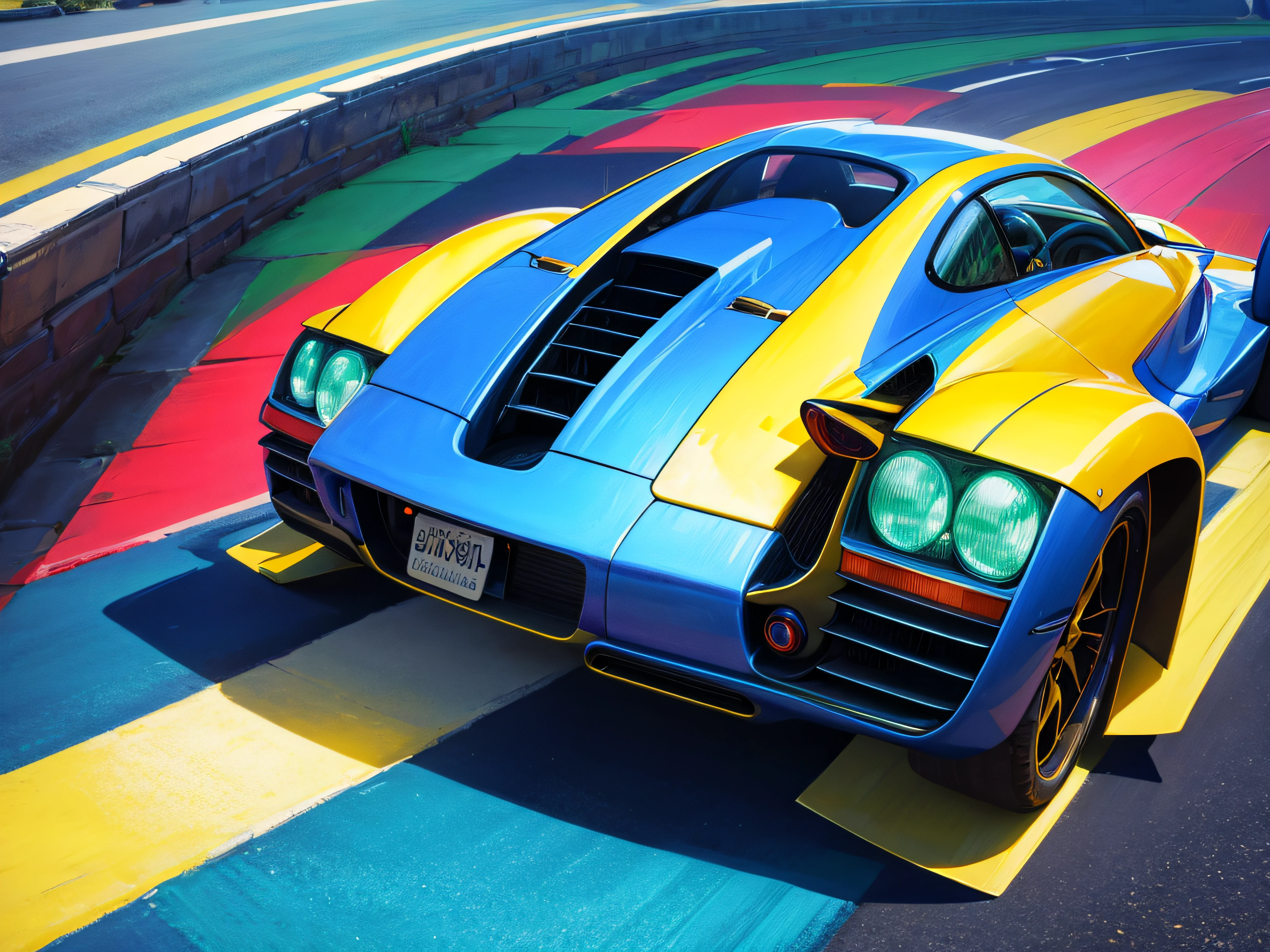 futuristic super car, technicolor road and sky, in the style of Vincent van Gogh and Salvador Dalí