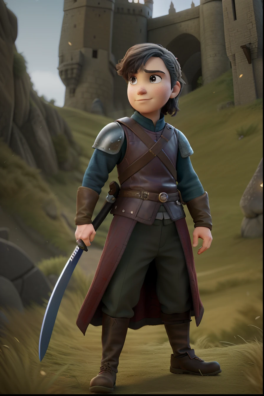 Create an epic Disney pixar movie poster of a Game of thrones character, Um rei guerreiro usando uma coroa, segurando uma espada, usando uma armadura medieval, em Batle Field. Estilo Pixar, Cartoon, cores vibrantes, cinemactic, altamente detalhado, Rosto detalhado, Cinematic lighting.