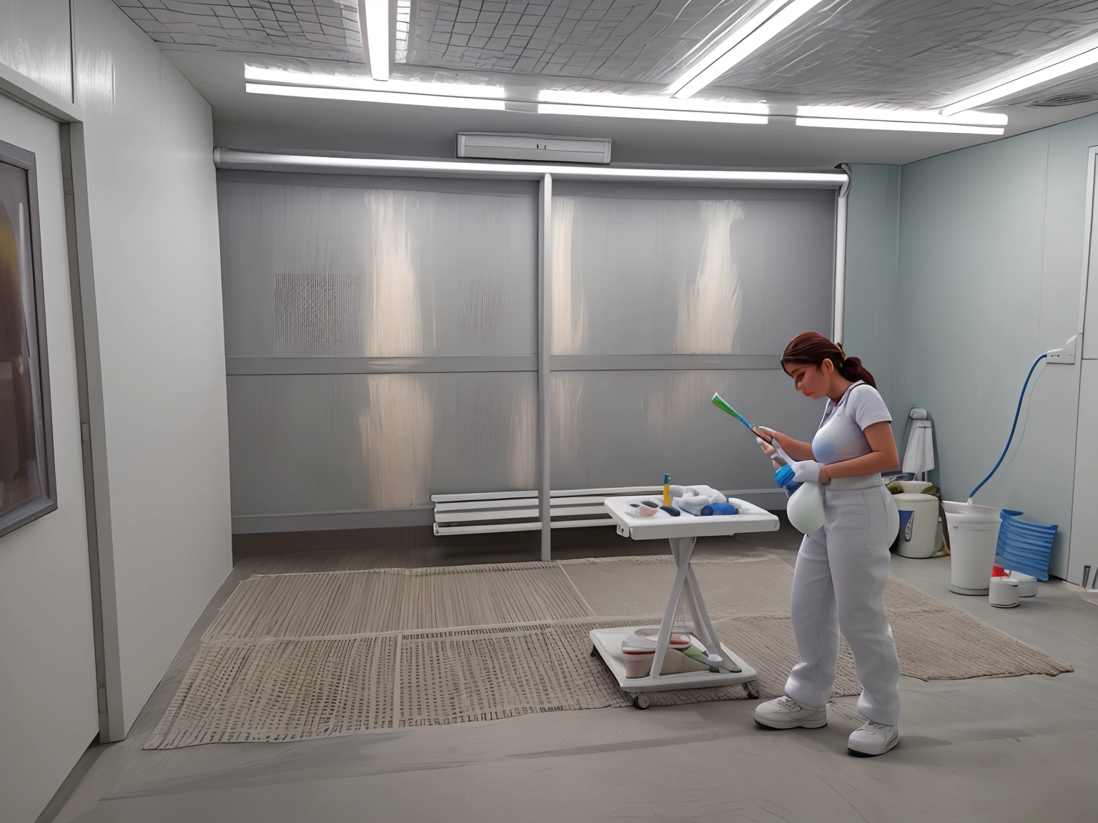 Woman in a white uniform painting a room with a spray gun, spraying liquid, oficina colorida de parede branca, pintura de alta qualidade, pintura, pintura, Tinta escura 8K, Physical painting, trabalho com pincel, pintura profissional, small chamber. hiper-realista, glazing, Doendo, Airbrushed, airbrush painted, a pintura ganha vida, Painted Furniture