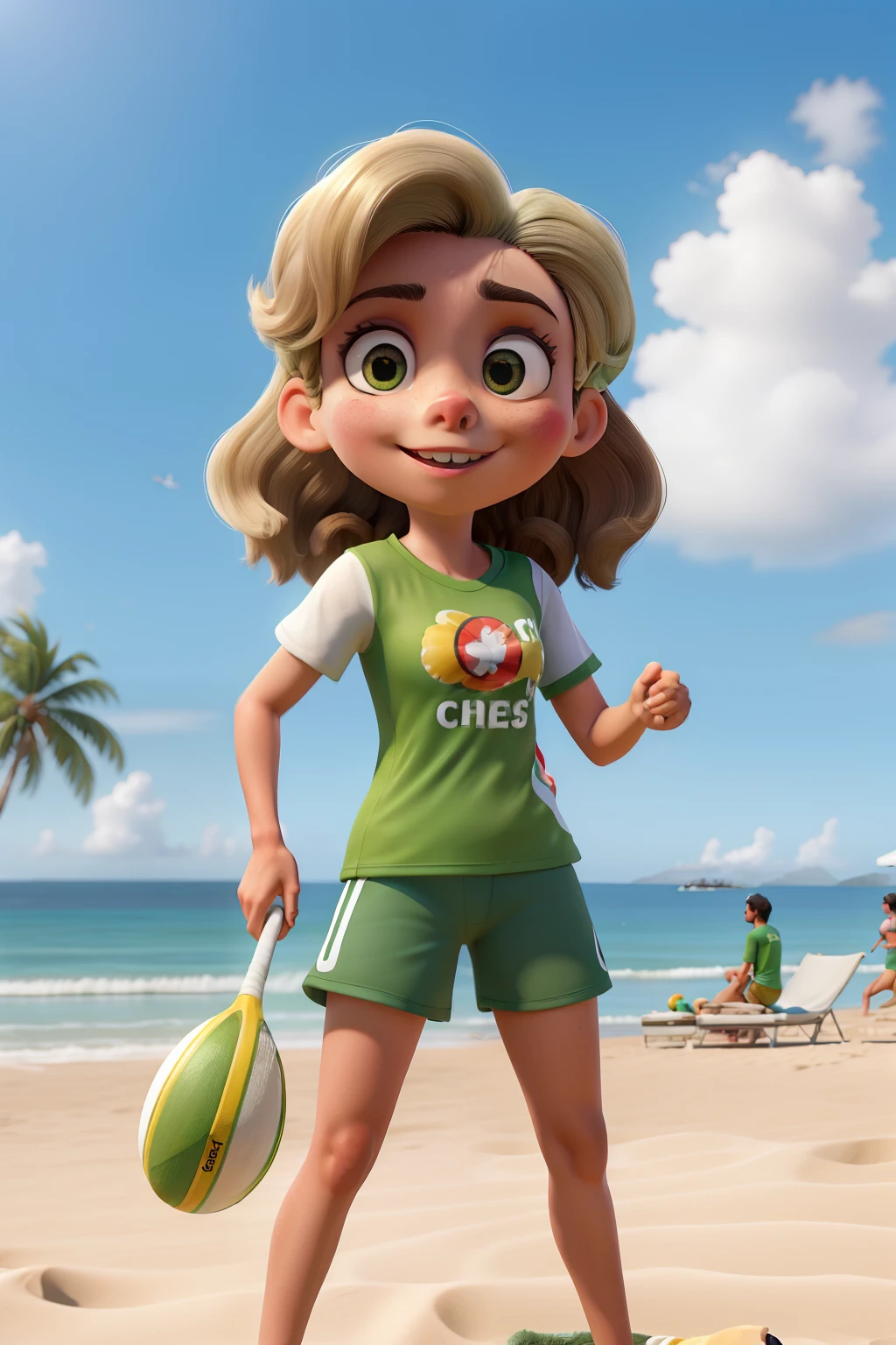 Obra-prima, mulher loira, olhos verdes, Medium length hair, jogando beach tennis na praia, de shorts e camiseta, cachorro chihuahua branco pelo curto assistindo