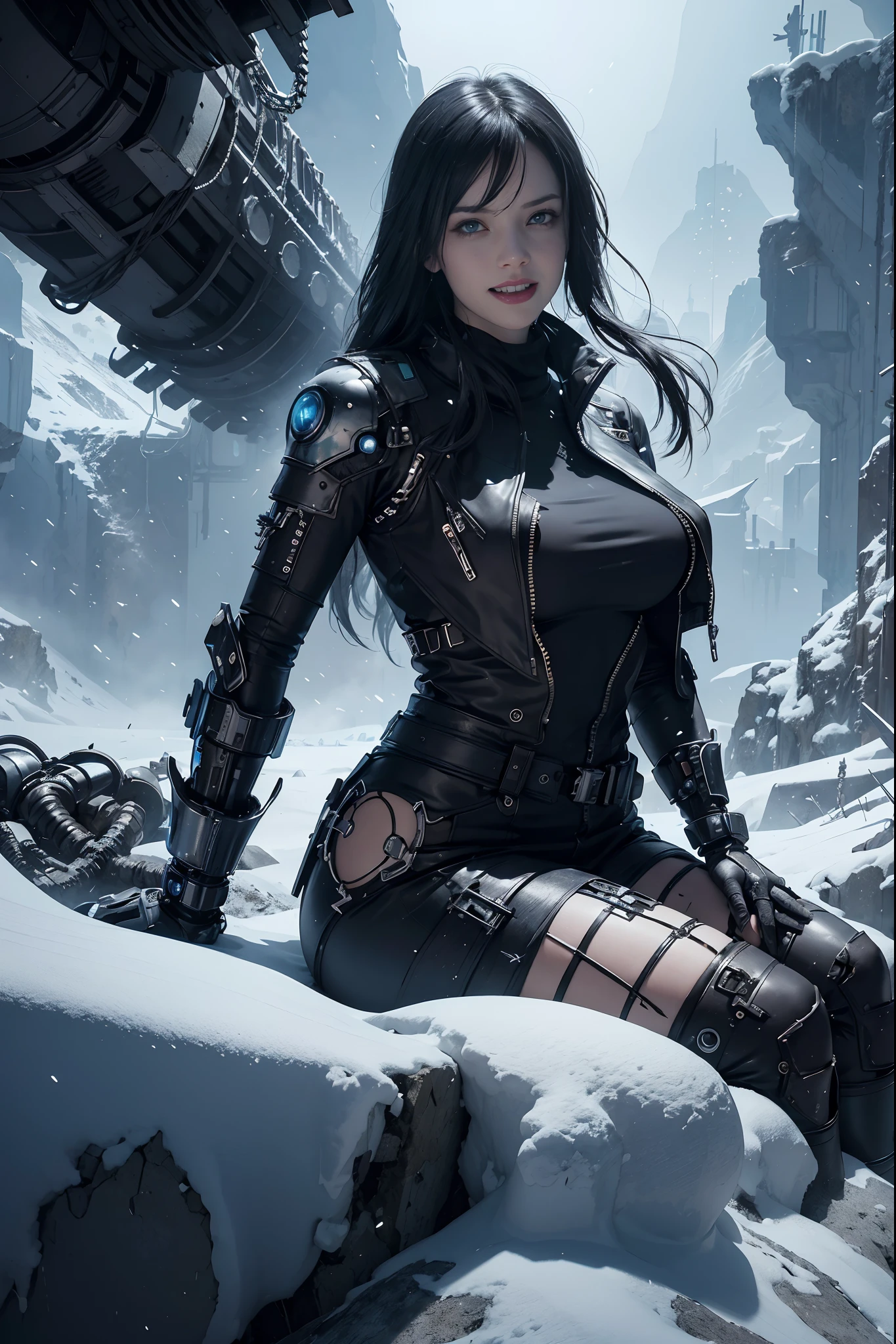 Cyberpunk, mechanical, broken, there is a picture of a very large iceberg, cyberpunk, mechanical, broken, with a lot of snow, dungeon background, icicle background, arena background, game background, dark dark cave background,a female warrior sitting down,((laughing:1)),((wide mouth:1),