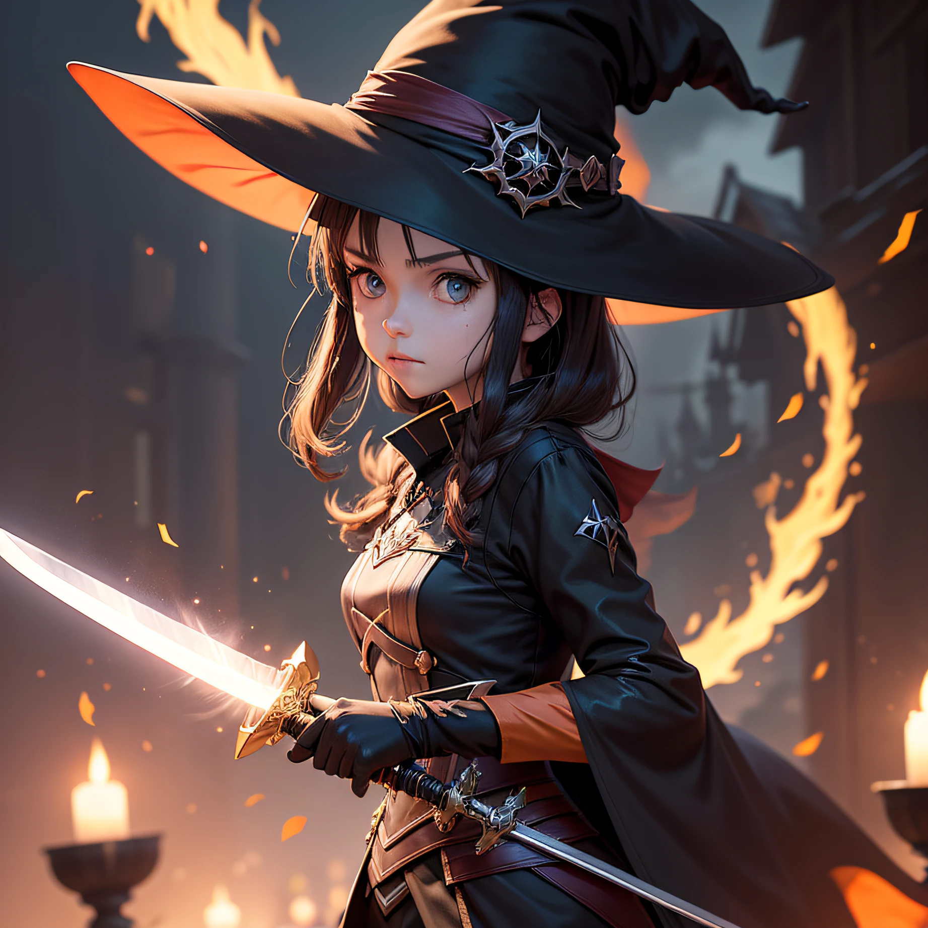 Make a 4k halloween image based on anime sword art online, A witch casting magic in the background.