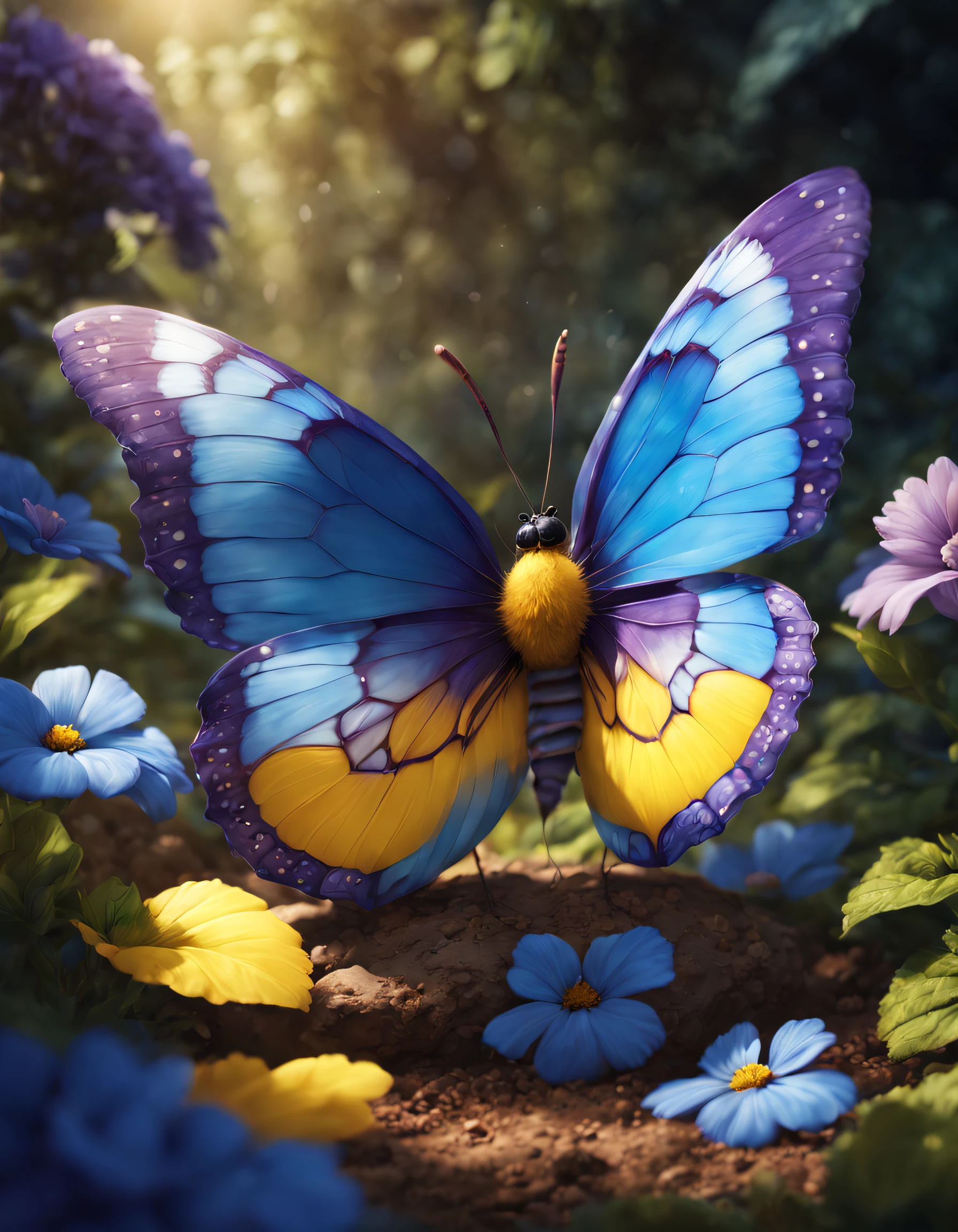 Foodpets muito bonito atraente borboleta amarela de asas coloridas azul e roxo, fundo um jardim , gradiente , macro, Cinematic lighting, Arte de Fantasia, dynamic compositing, epic realistic, Award-Winning Illustration