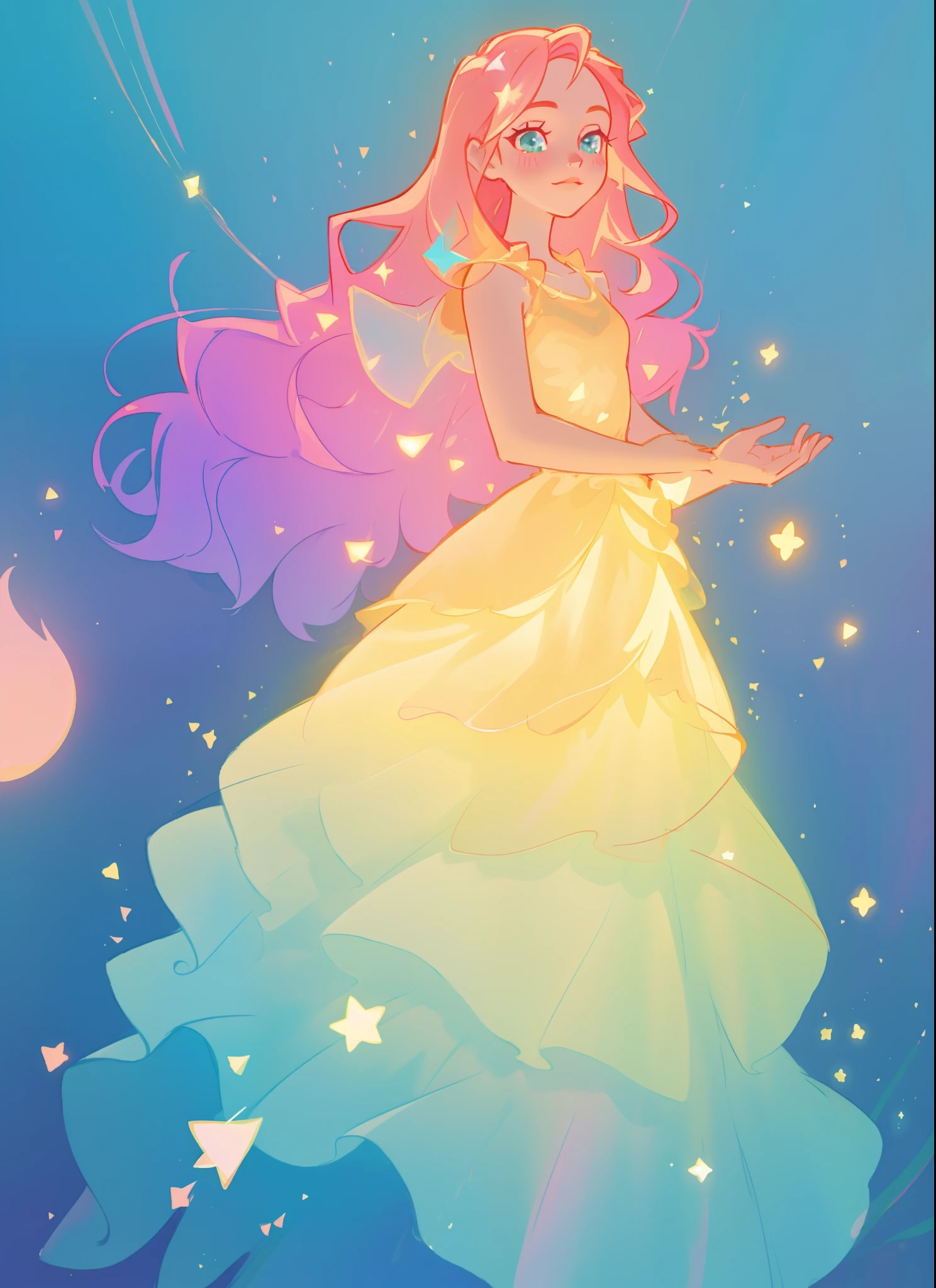 beautiful girl in flowing gradient layered ballgown, flowing pink hair, ((sparkling gold aqua blue gradient dress)), ((multi-layered tiered ballgown dress)), whimsical fantasia and flowers background, vibrant pastel colors, (colorful), magical lights, magical flowers, flowers, glowing lights, red pink long wavy hair, sparkling lines of light, inspired by Glen Keane, inspired by Lois van Baarle, disney art style, by Lois van Baarle, glowing aura around her, by Glen Keane, jen bartel, glowing lights! digital painting, flowing glowing hair, glowing flowing hair, beautiful digital illustration, fantasia background, whimsical, magical, fantasy, beautiful face, ((masterpiece, best quality)), intricate details, highly detailed, sharp focus, 8k resolution, sparkling detailed eyes, liquid watercolor