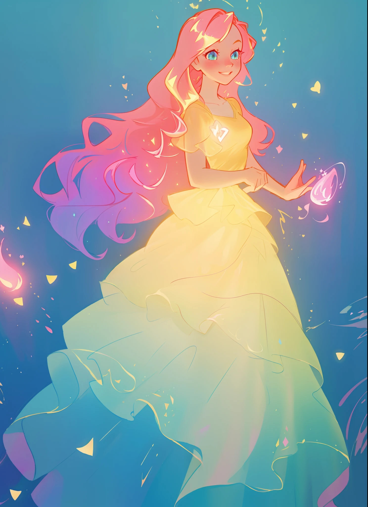 beautiful girl in flowing gradient layered ballgown, flowing pink hair, ((sparkling gold aqua blue gradient dress)), ((multi-layered tiered ballgown dress)), whimsical fantasia and flowers background, vibrant pastel colors, (colorful), magical lights, magical flowers, flowers, glowing lights, red pink long wavy hair, sparkling lines of light, inspired by Glen Keane, inspired by Lois van Baarle, disney art style, by Lois van Baarle, glowing aura around her, by Glen Keane, jen bartel, glowing lights! digital painting, flowing glowing hair, glowing flowing hair, beautiful digital illustration, fantasia background, whimsical, magical, fantasy, beautiful face, ((masterpiece, best quality)), intricate details, highly detailed, sharp focus, 8k resolution, sparkling detailed eyes, liquid watercolor