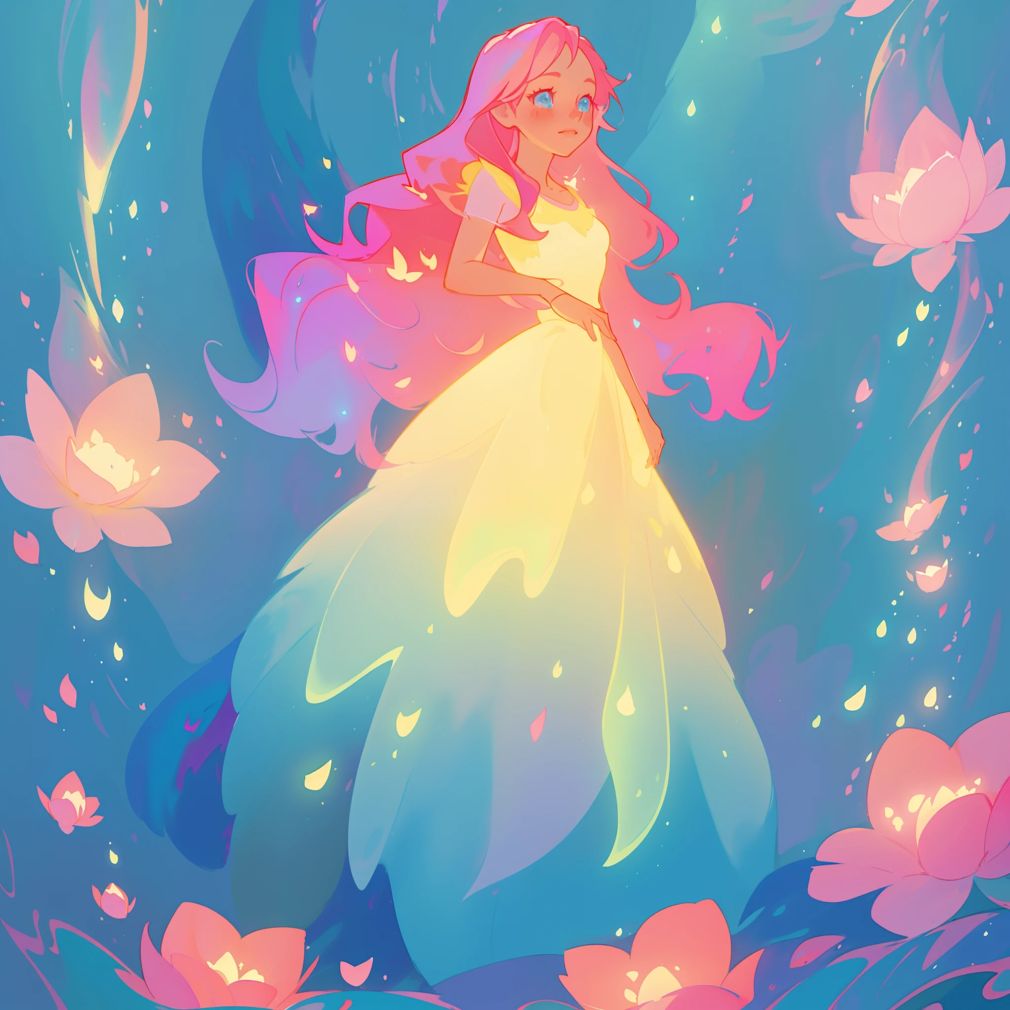 beautiful girl in flowing gradient layered ballgown, flowing pink hair, blue watercolor background, glowing lights and red flowers border, whimsical fantasia and flowers background, vibrant pastel colors, (colorful), magical lights, magical flowers, flowers, glowing lights, red pink long wavy hair, sparkling lines of light, inspired by Glen Keane, inspired by Lois van Baarle, disney art style, by Lois van Baarle, glowing aura around her, by Glen Keane, jen bartel, glowing lights! digital painting, flowing glowing hair, glowing flowing hair, beautiful digital illustration, fantasia background, whimsical, magical, fantasy, beautiful face, ((masterpiece, best quality)), intricate details, highly detailed, sharp focus, 8k resolution, sparkling detailed eyes, liquid watercolor