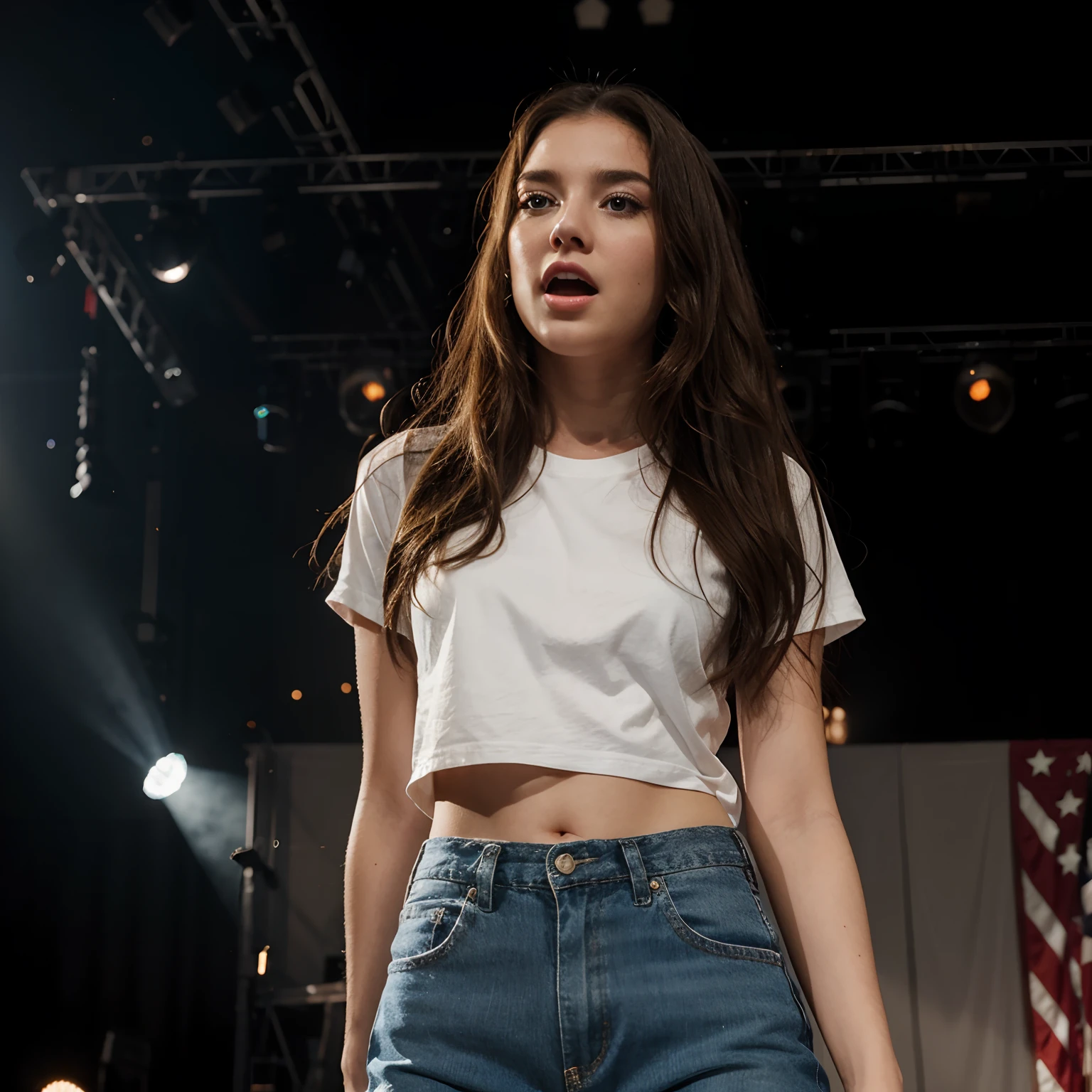 America young woman singing, stage, spotlight, real, detail
