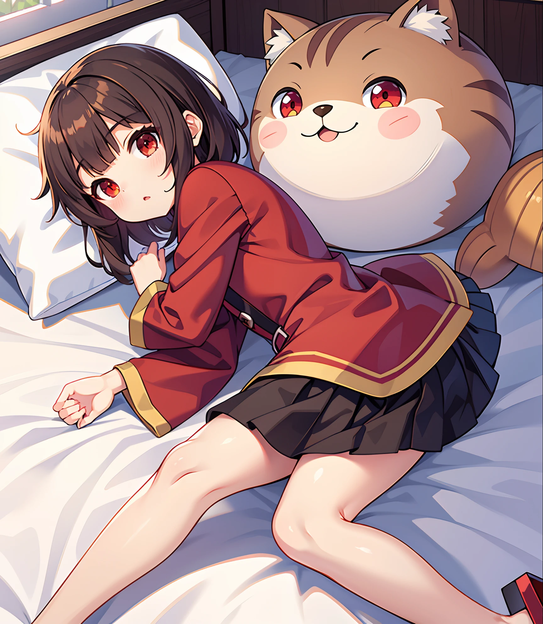 Megumin_neko, red eyes, cabelos curtos, cabelos castanhos, segurando urso branco, orelhas de gato, rabo de gato, sentada na cama.