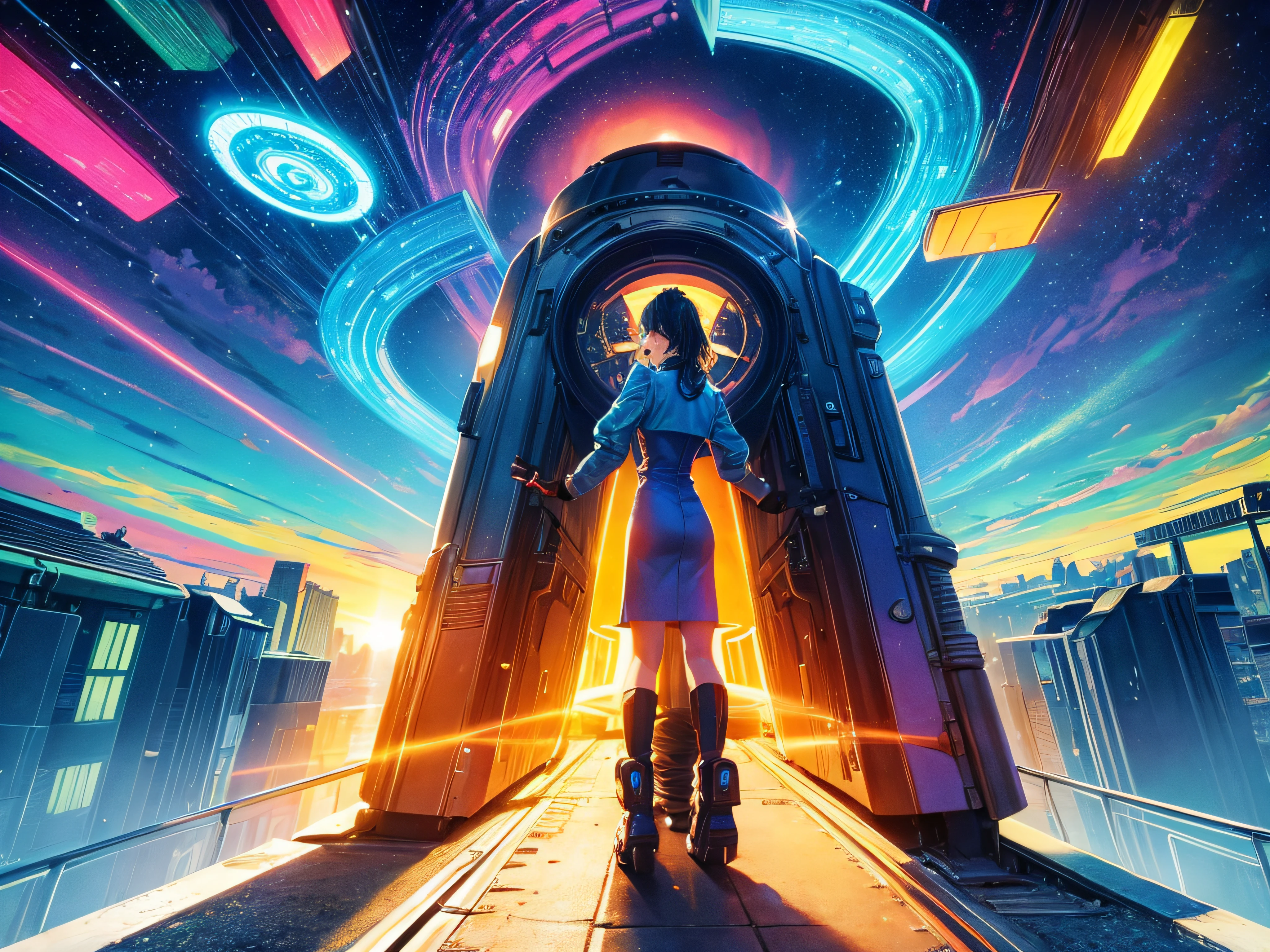 futuristic super train, technicolor road and sky, in the style of Vincent van Gogh and Salvador Dalí