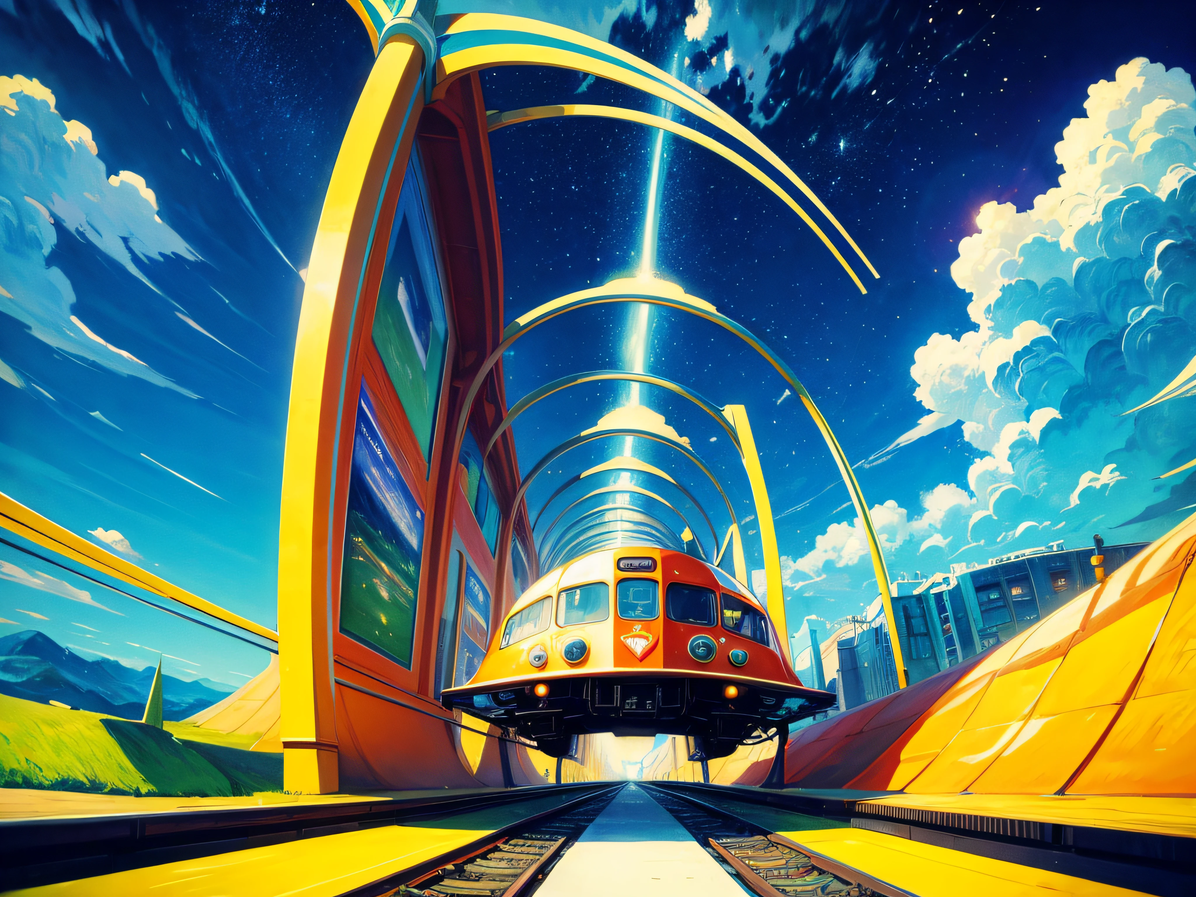 futuristic super train, technicolor road and sky, in the style of Vincent van Gogh and Salvador Dalí