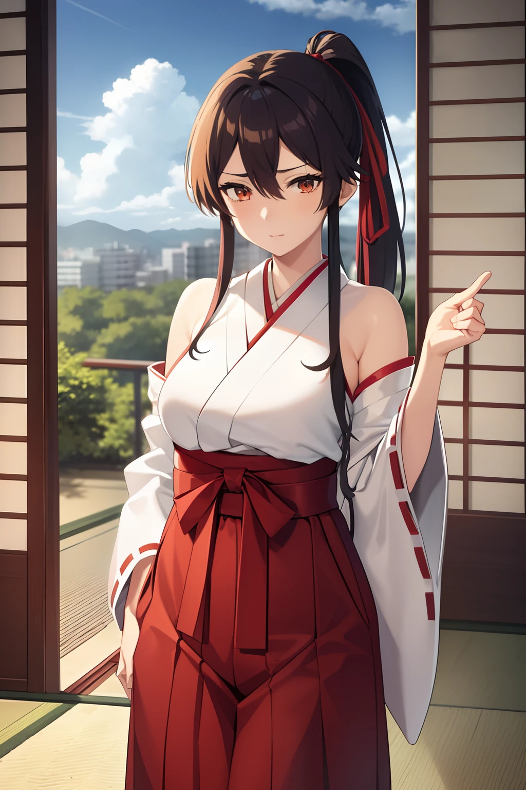 1girl, bangs, bare_shoulders, blue_sky, breasts, brown_eyes, cloud, cloudy_sky, day, detached_sleeves, fence, hair_between_eyes, hair_ribbon, hakama, hakama_skirt, japanese_clothes, kimono, large_breasts, long_hair, looking_at_viewer, obi, railing, red_hakama, red_ribbon, ribbon, sash, shouji, sky, sliding_doors, solo, tree, veranda, white_kimono
((best quality)), ((masterpiece)), (detailed), Sagirin