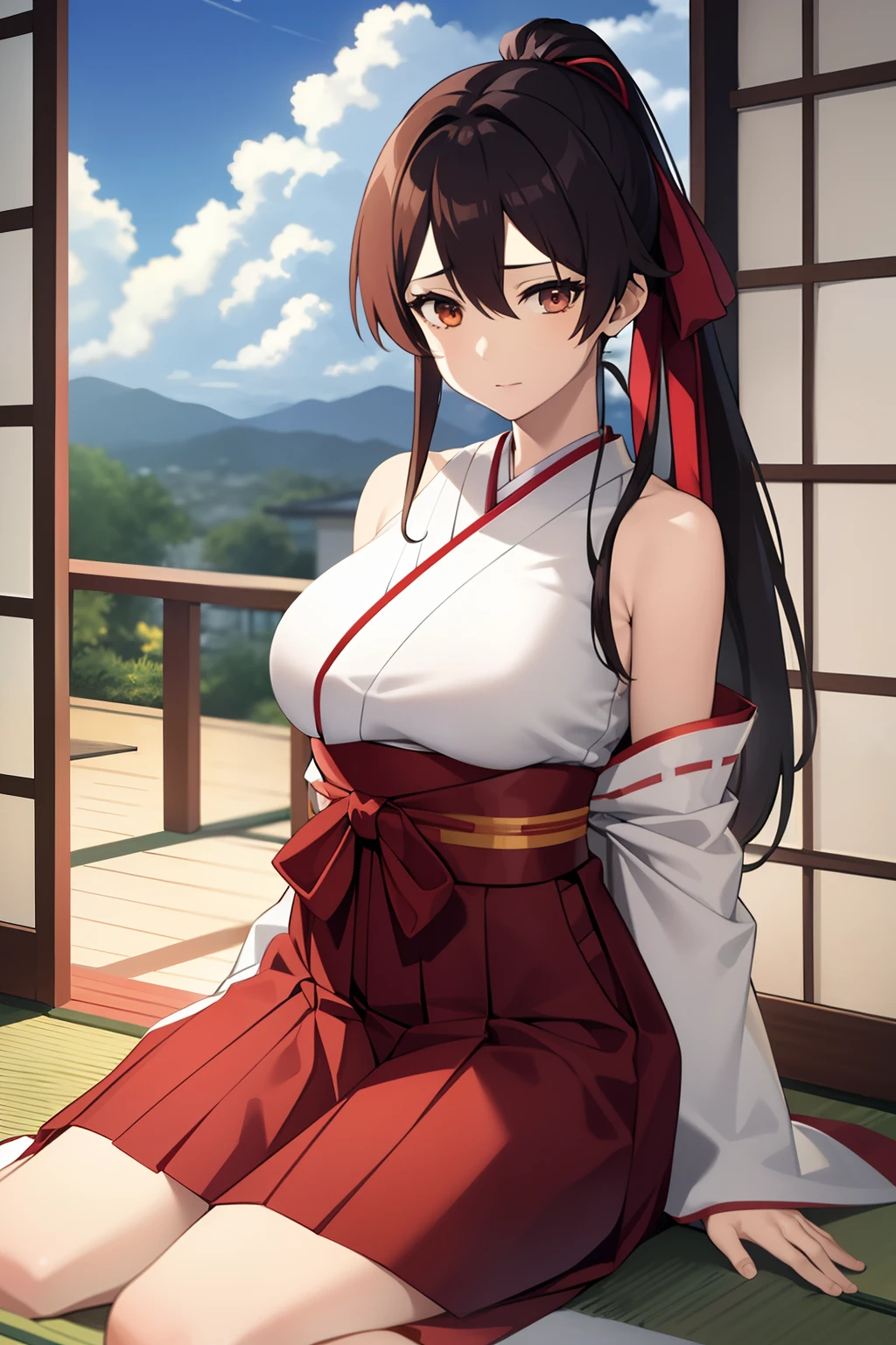 1girl, bangs, bare_shoulders, blue_sky, breasts, brown_eyes, cloud, cloudy_sky, day, detached_sleeves, fence, hair_between_eyes, hair_ribbon, hakama, hakama_skirt, japanese_clothes, kimono, large_breasts, long_hair, looking_at_viewer, obi, railing, red_hakama, red_ribbon, ribbon, sash, shouji, sky, sliding_doors, solo, tree, veranda, white_kimono
((best quality)), ((masterpiece)), (detailed), Sagirin