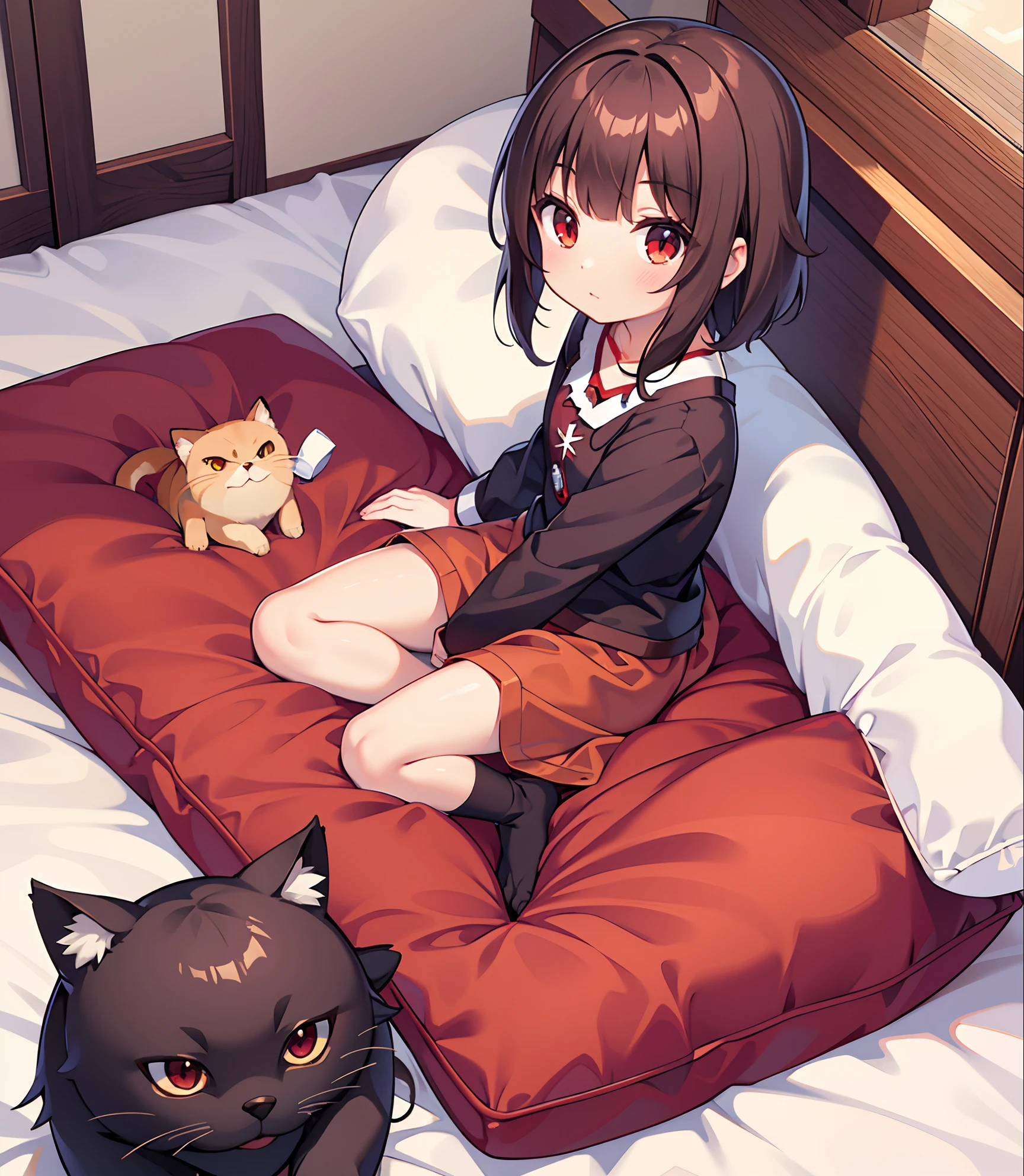 Megumin_neko, red eyes, cabelos curtos, cabelos castanhos, segurando urso branco, orelhas de gato, rabo de gato, sentada na cama.