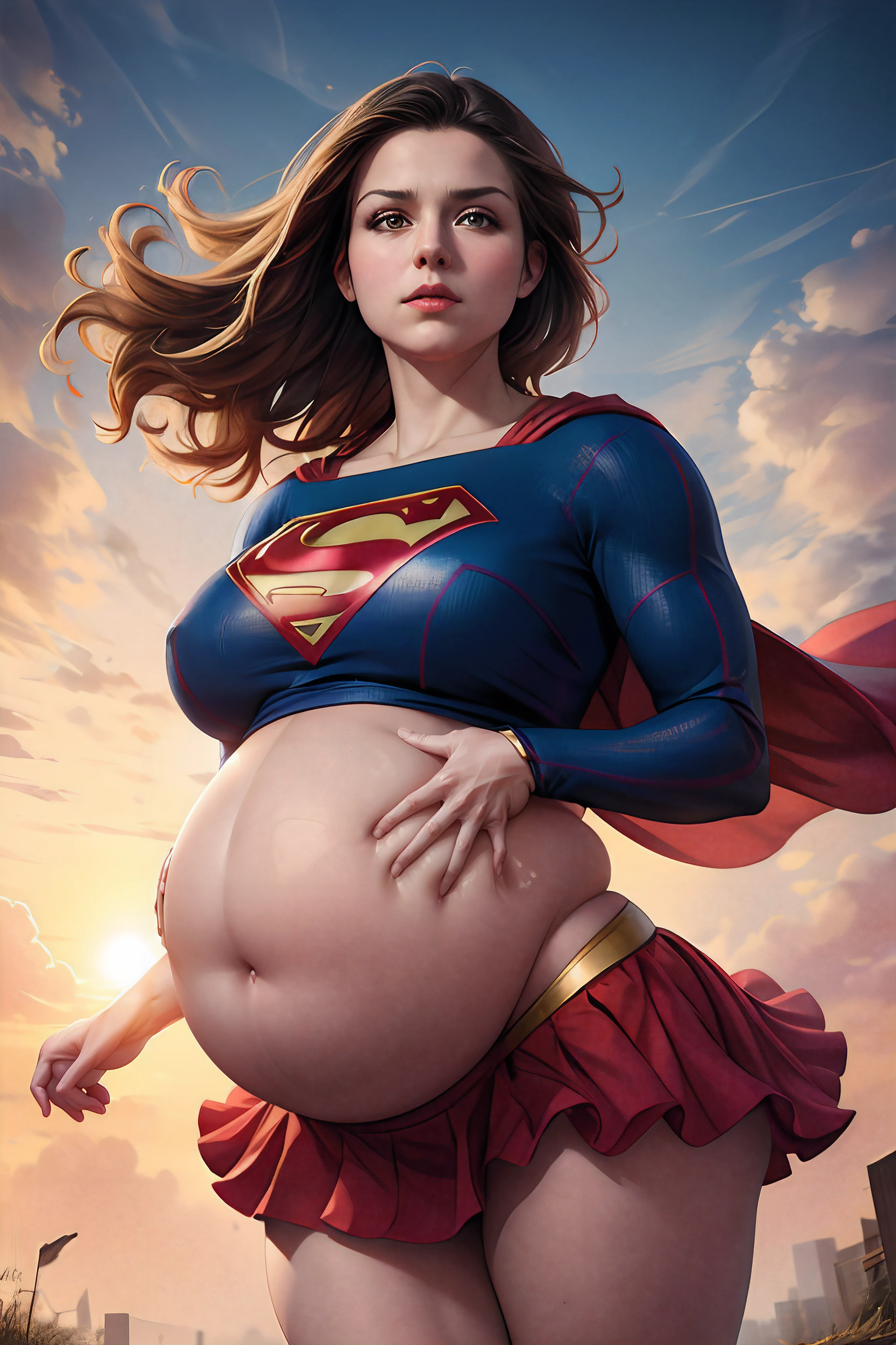 (best quality,4k,8k, high res, masterpiece:1.2),ultra-detailed, realistic, photorealistic:1.37, Supergirl, hyper pregnant,  hyperathletic, ,  huge pregnant belly, hovering off the ground, supergirl costume is tight and strained, red cape flow in the breeze