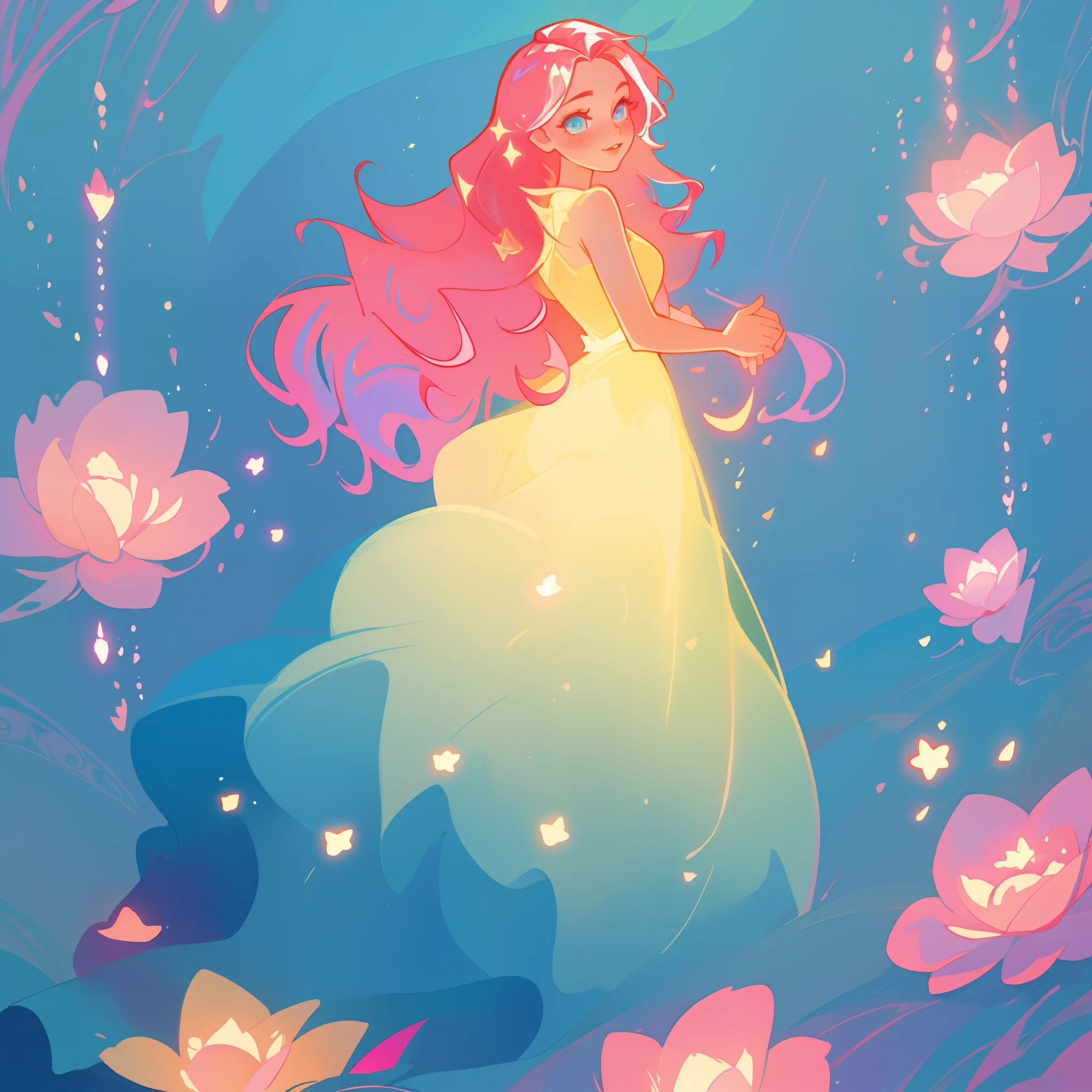 beautiful girl in flowing gradient layered ballgown, flowing pink hair, blue watercolor background, glowing lights and red flowers border, whimsical fantasia and flowers background, vibrant pastel colors, (colorful), magical lights, magical flowers, flowers, glowing lights, red pink long wavy hair, sparkling lines of light, inspired by Glen Keane, inspired by Lois van Baarle, disney art style, by Lois van Baarle, glowing aura around her, by Glen Keane, jen bartel, glowing lights! digital painting, flowing glowing hair, glowing flowing hair, beautiful digital illustration, fantasia background, whimsical, magical, fantasy, beautiful face, ((masterpiece, best quality)), intricate details, highly detailed, sharp focus, 8k resolution, sparkling detailed eyes, liquid watercolor