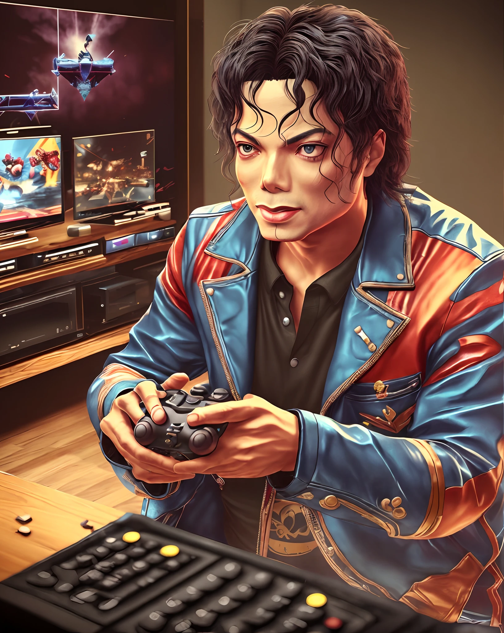 Michael Jackson playing video games, cinematic photographic style, UHD --auto --s2