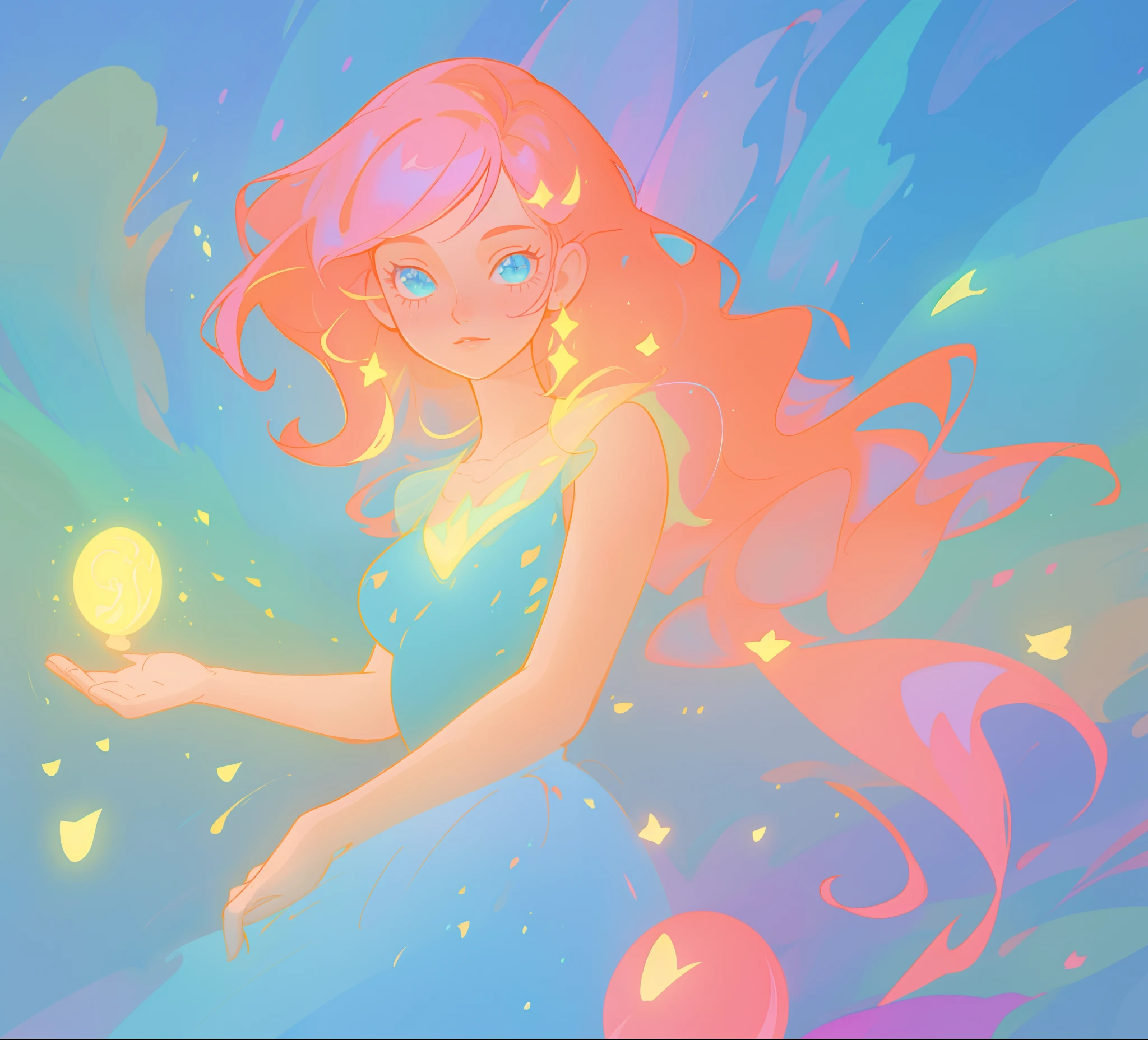 beautiful girl in blue flowing dress, beautiful girl holding a glowing pixie fairy in her hand, looking at the pixie in her hand, vibrant pastel colors, (colorful), magical lights, sparkling lines of light, inspired by Glen Keane, inspired by Lois van Baarle, disney art style, by Lois van Baarle, glowing aura around her, by Glen Keane, jen bartel, glowing lights! digital painting, flowing glowing hair, glowing flowing hair, beautiful digital illustration, fantasia background, whimsical, magical, fantasy, beautiful face, ((masterpiece, best quality)), intricate details, highly detailed, sharp focus, 8k resolution, sparkling detailed eyes, liquid watercolor