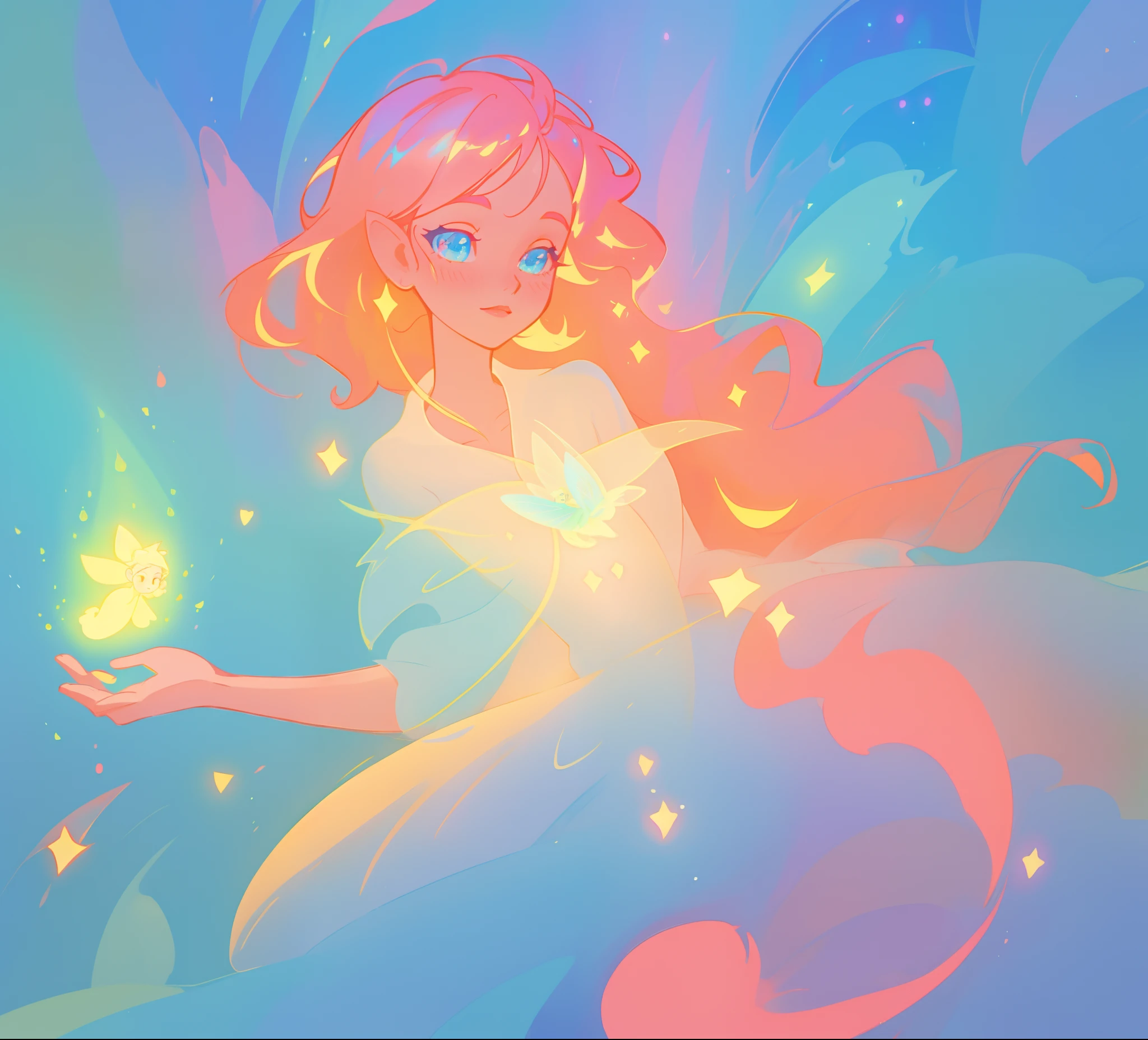 beautiful girl in blue flowing dress, beautiful girl holding a glowing pixie fairy in her hand, looking at the pixie in her hand, vibrant pastel colors, (colorful), magical lights, sparkling lines of light, inspired by Glen Keane, inspired by Lois van Baarle, disney art style, by Lois van Baarle, glowing aura around her, by Glen Keane, jen bartel, glowing lights! digital painting, flowing glowing hair, glowing flowing hair, beautiful digital illustration, fantasia background, whimsical, magical, fantasy, beautiful face, ((masterpiece, best quality)), intricate details, highly detailed, sharp focus, 8k resolution, sparkling detailed eyes, liquid watercolor