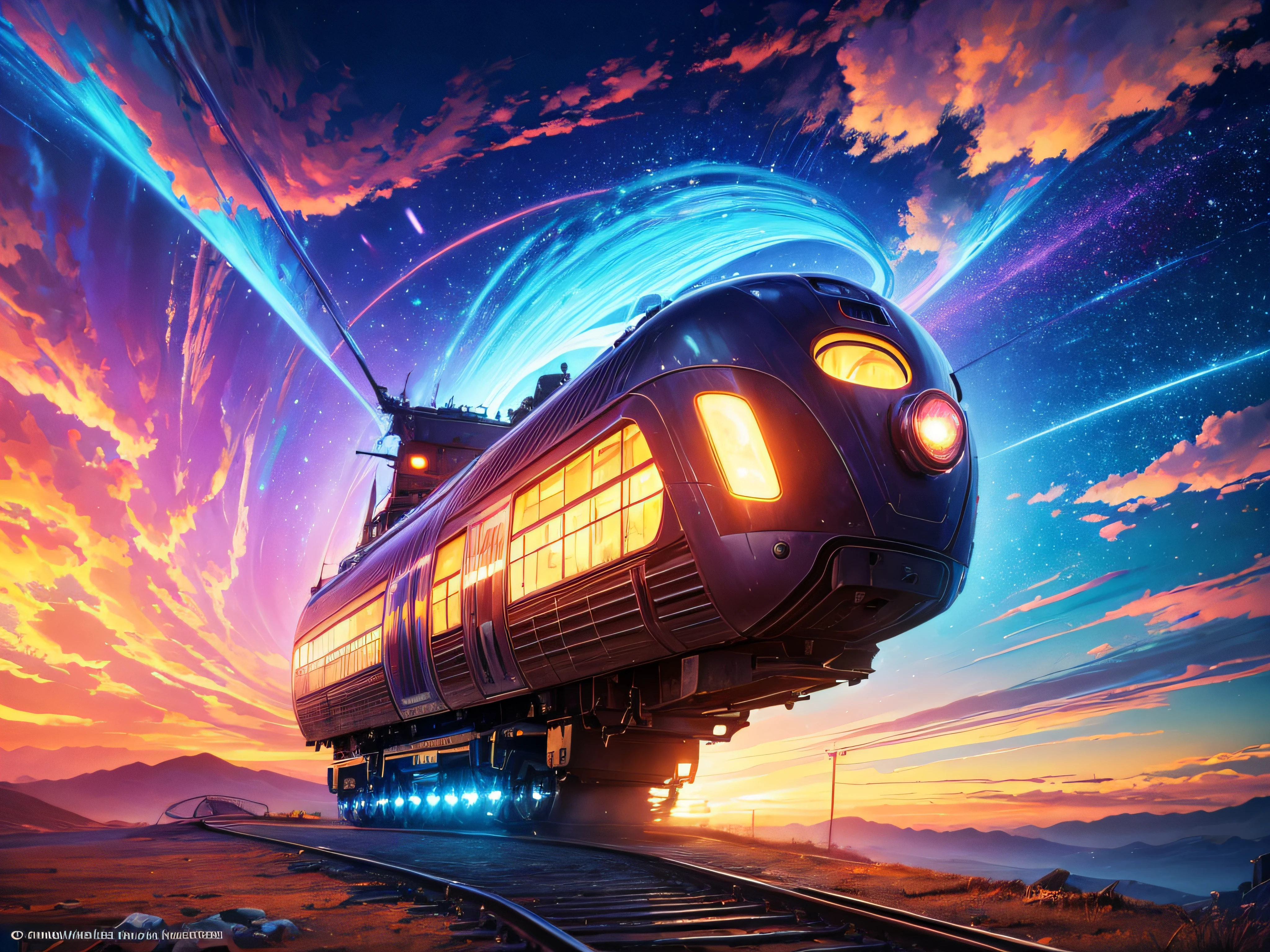 futuristic super train, technicolor road and sky, Vincent van Gogh and Salvador Dalí style, (best quality,4k,8k,highres,masterpiece:1.2),ultra-detailed,(realistic,photorealistic,photo-realistic:1.37), HDR,UHD,studio lighting,ultra-fine painting,sharp focus,physically-based rendering,extreme detail description,professional,vivid colors,bokeh, landscapes, surrealism, vibrant color palette, dreamlike lighting