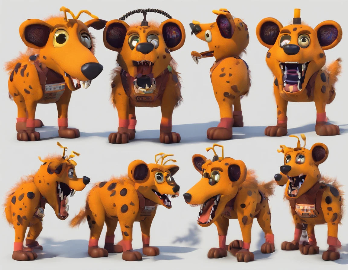 Analog horror aesthetic, five nights at Freddy’s inspired, hyena animatronic, orange eyes, FNAF, full body image, fully rendered 3d model, entertainer