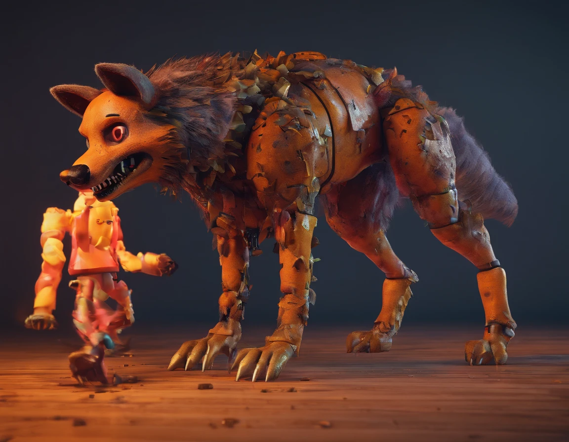 Analog horror aesthetic, five nights at Freddy’s inspired, hyena animatronic, orange eyes, FNAF, full body image, fully rendered 3d model, entertainer