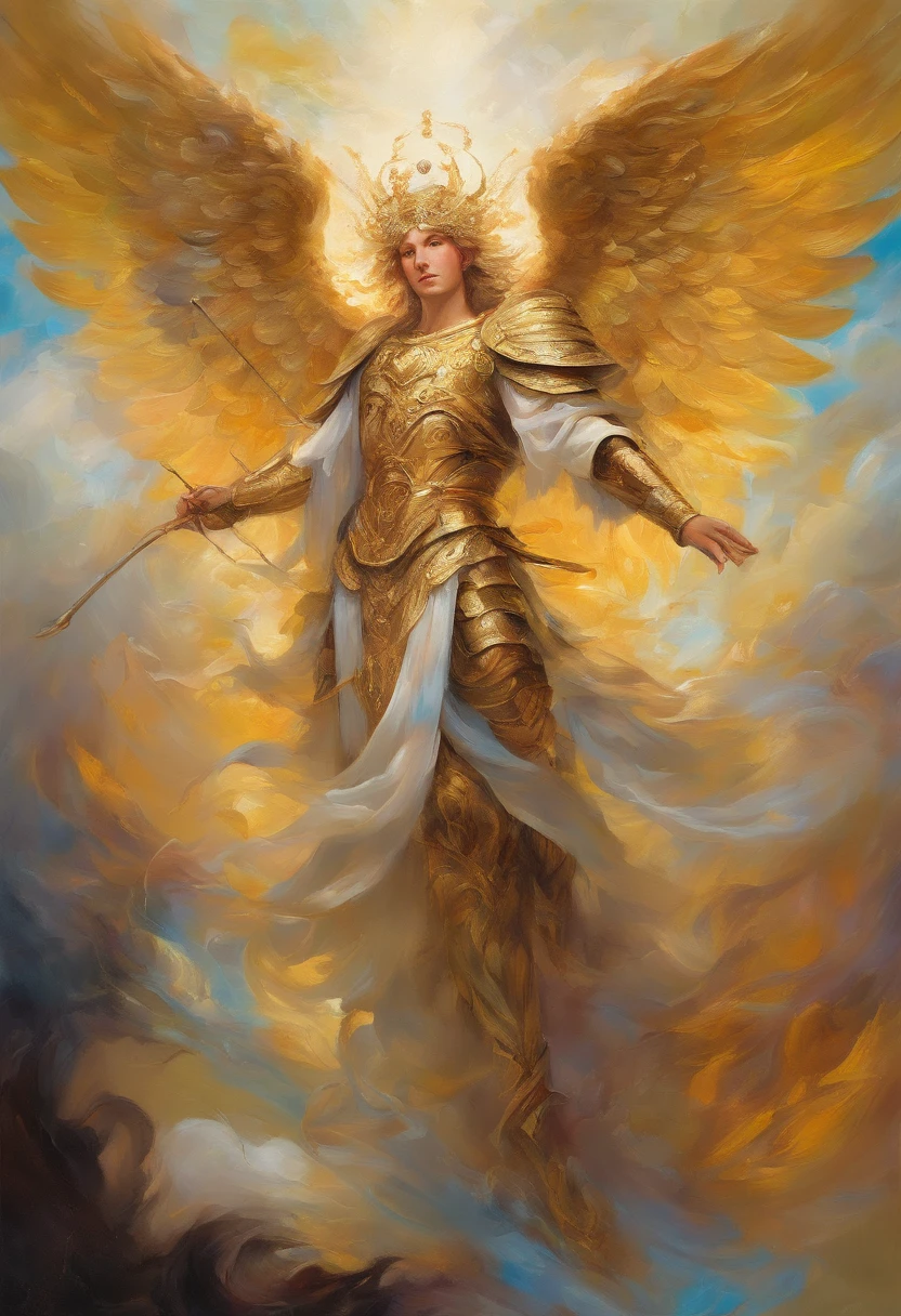 (vivid messy oil painting), (brush strokes), arafed boy in a gold outfit with wings and a sword, blue eyes, pale skin, angelic golden armor, full - body majestic angel, archangel, winged boy, angel in gold armor, eros, archangel michael, winged human, epic angel wings, eros and thanatos, grand angel wings, gold wings, young wan angel, attractive male deity, (((oil paintings))), (Vibrant, vivid colours, beautiful, textural, artistic)