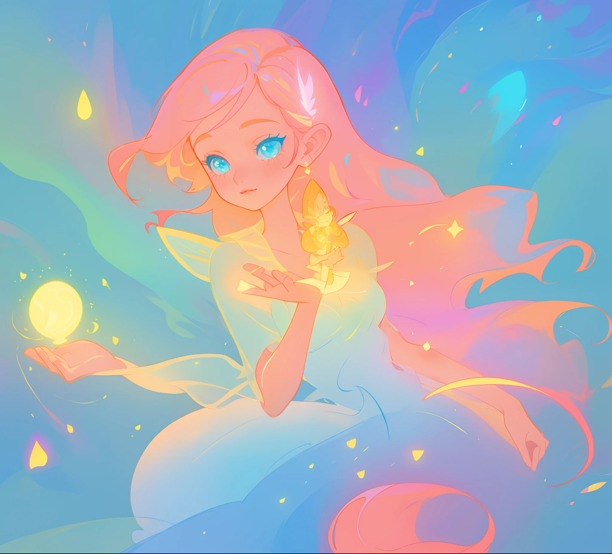 beautiful girl in blue flowing dress, beautiful girl holding a glowing pixie fairy in her hand, looking at the pixie in her hand, vibrant pastel colors, (colorful), magical lights, sparkling lines of light, inspired by Glen Keane, inspired by Lois van Baarle, disney art style, by Lois van Baarle, glowing aura around her, by Glen Keane, jen bartel, glowing lights! digital painting, flowing glowing hair, glowing flowing hair, beautiful digital illustration, fantasia background, whimsical, magical, fantasy, beautiful face, ((masterpiece, best quality)), intricate details, highly detailed, sharp focus, 8k resolution, sparkling detailed eyes, liquid watercolor