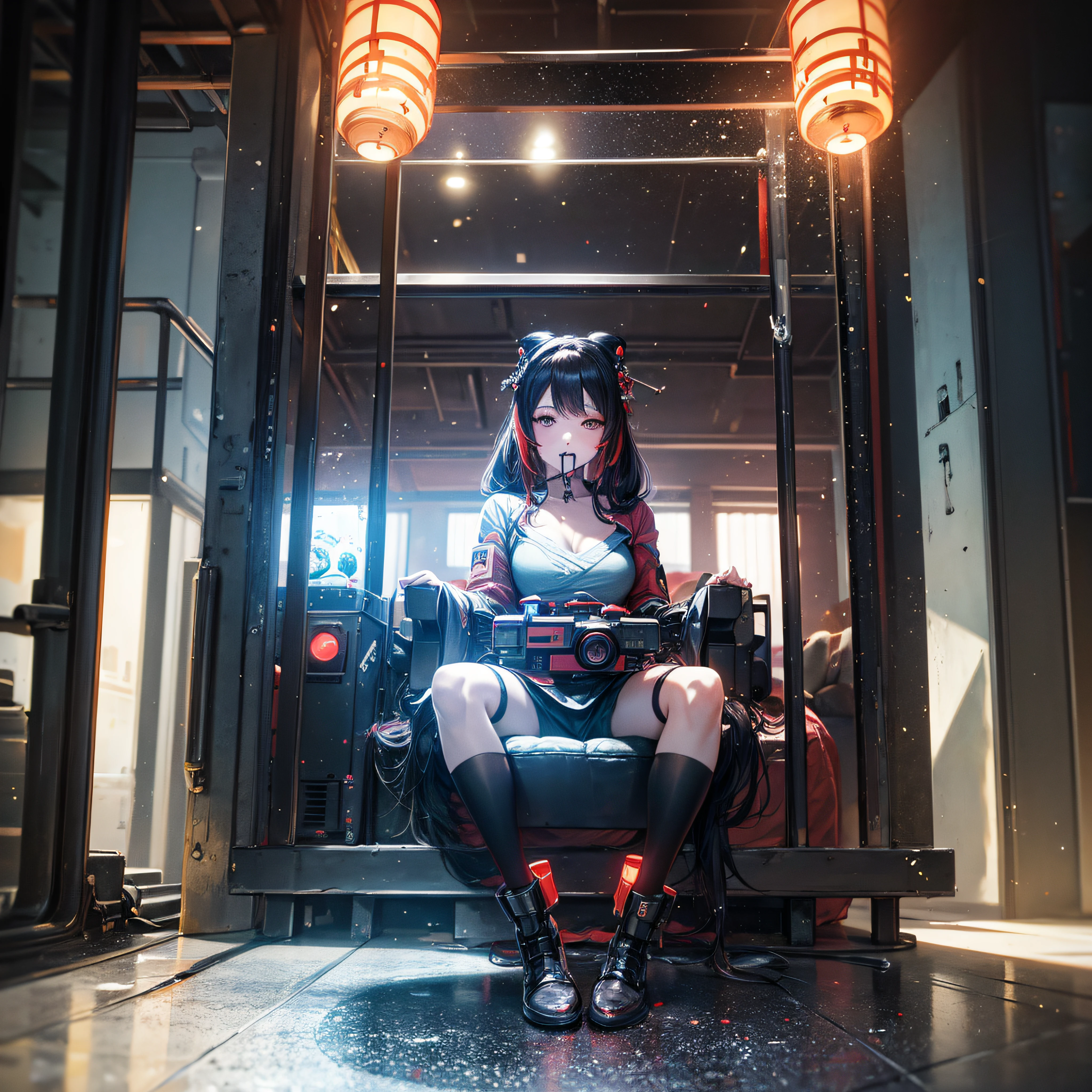 loneliness, concept character, dark anime girl, gloomy, monster girl, milky white skin, white glowing eyes, indifference and unbrokenness look, black wire long hair, long tubular wires as hair, flail on the belt, sharp clothing, open belly, open belly, sits near futuristic oven, gloomy (green fire) oven, arms crossed, hands crossed, many iron tables, dark endless concrete labyrinth, glowing red spider eyes, gloomy atmosphere, dystopian, highly detailed, highly detailed lighting, cold lighting, less lights, dark lighting, highly detailed face, black sky, dusty, hopeless