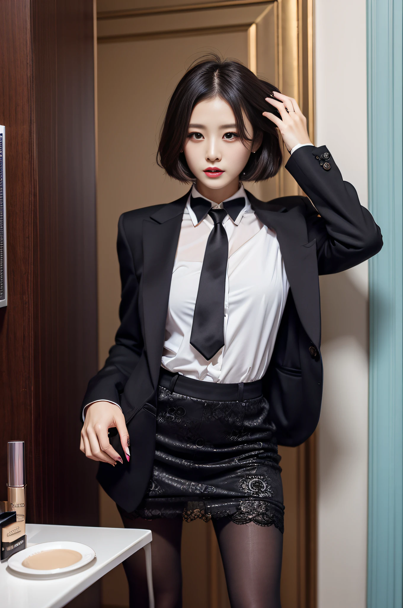 Charming beauties、black pantyhose、Suit jacket、Black tight skirt、beauty legs、Dyed in darkness、lacy fabric、Brainwashing makeup、Brainwashing device、brainwashed