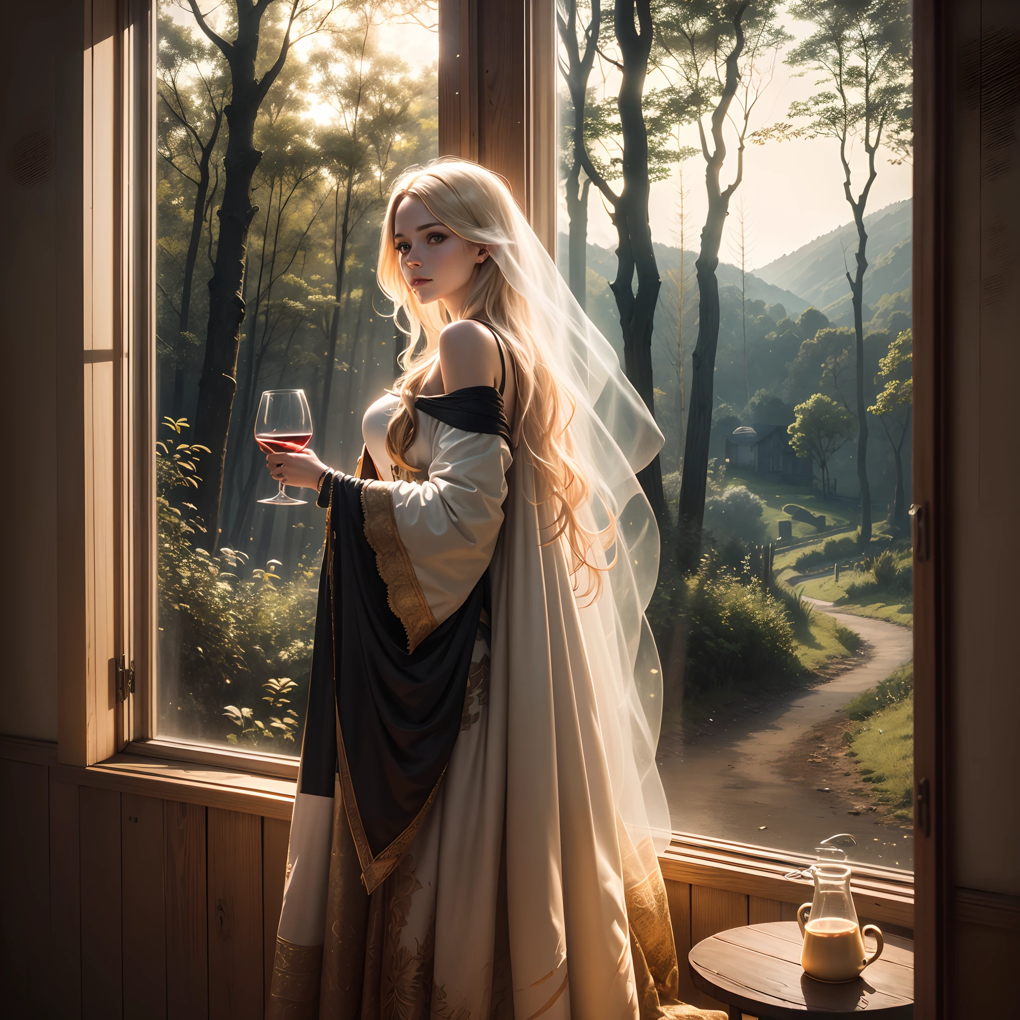 A woman standing looking at the window, wrapped in a cloth from her chest down, showing her face, long hair and shoulders, in an old humble wooden house, in the countryside, with a table and behind her with a jug of wine and a glass, an open window, the light illuminates dust particles, showing a forest and a path, realista, 4k, light,fotorealista,caravaggio,holographic scales, magical glow, extremely realistic, textura realista --auto --s2