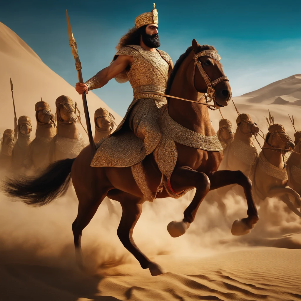 Depict the figure of Cyrus the Great, leading his army in the fight against the Medes and establishing the Persian Empire,cinematic, 4k,high quality