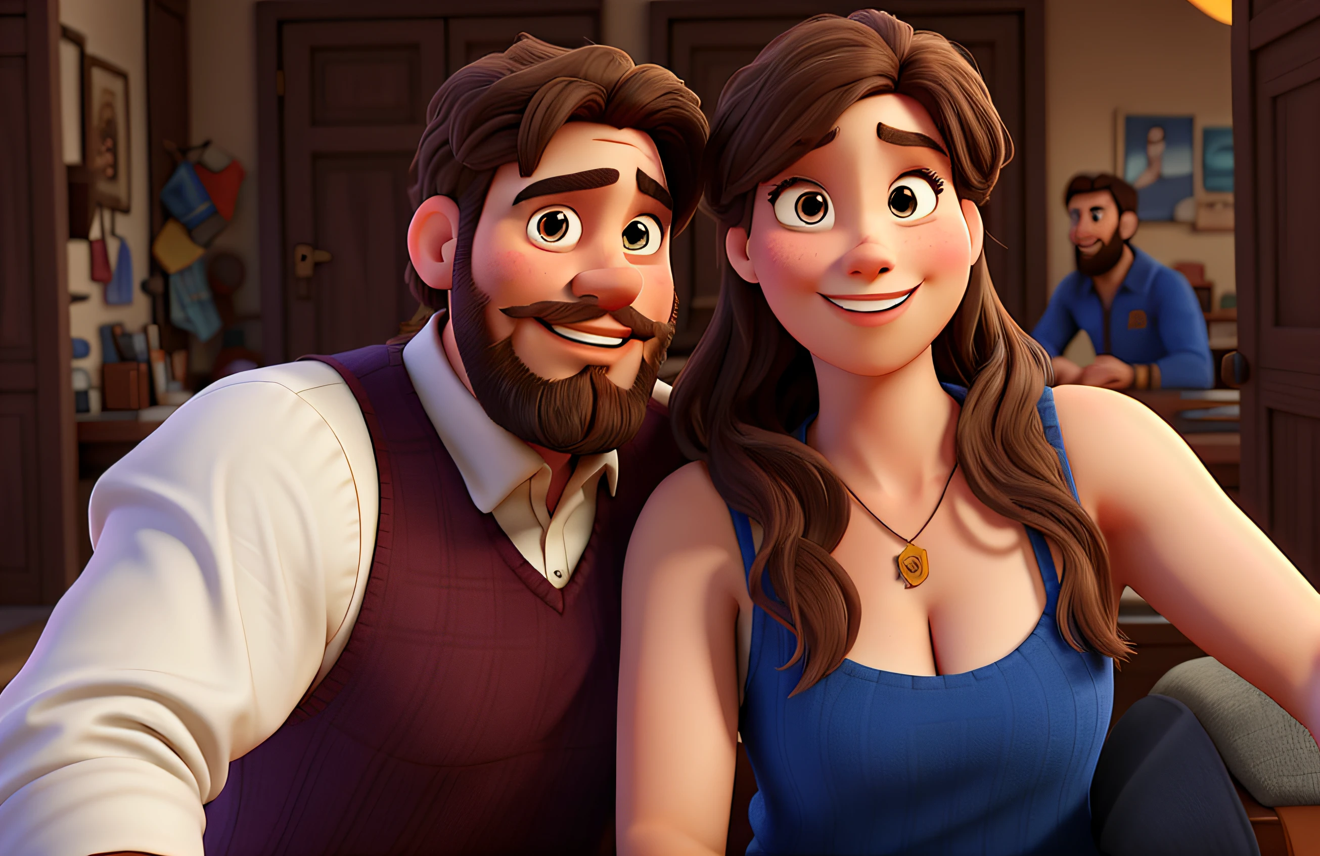 bearded man. happy woman. embassy background. disney pixar poster