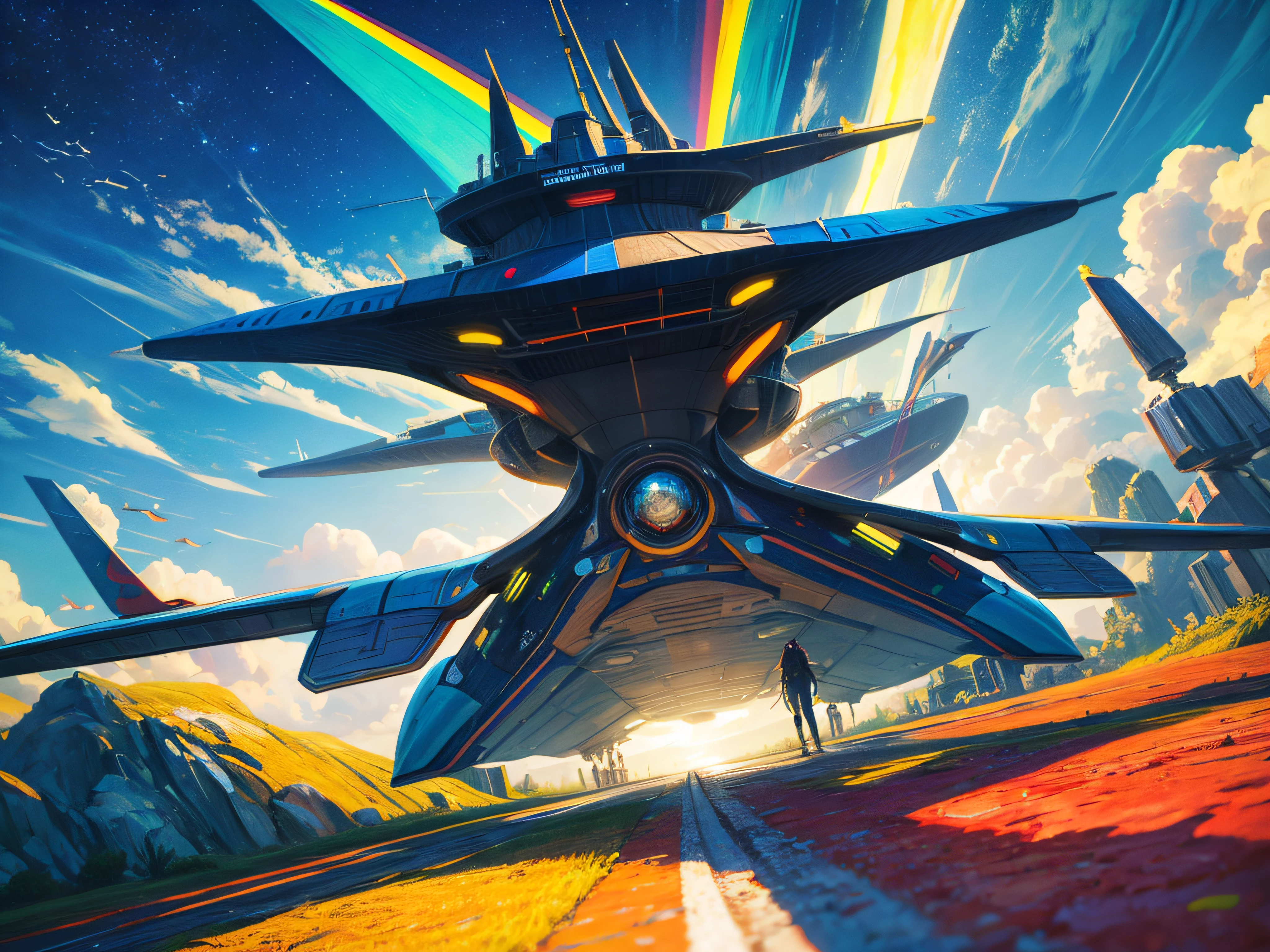 futuristic super plane, technicolor road and sky, in the style of Vincent van Gogh and Salvador Dalí