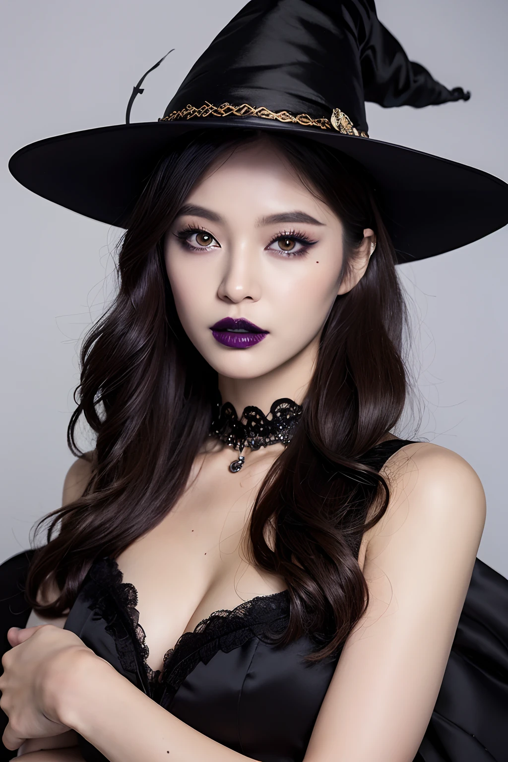 (extra detailed body、extra detailed face、best qualtiy:1.2)、femele、looking at the viewers、(fancy dress、Halloween Witch Makeup、Black lipstick, thick and long black eyeliner、the witch、Flashy makeup)