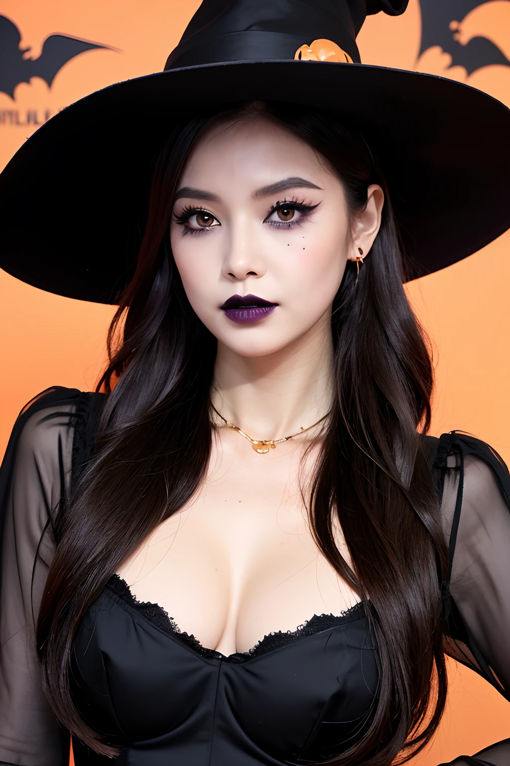 (extra detailed body、extra detailed face、best qualtiy:1.2)、femele、looking at the viewers、(fancy dress、Halloween Witch Makeup、Black lipstick, thick and long black eyeliner、the witch、Flashy makeup)(Halloween pumpkin on background)