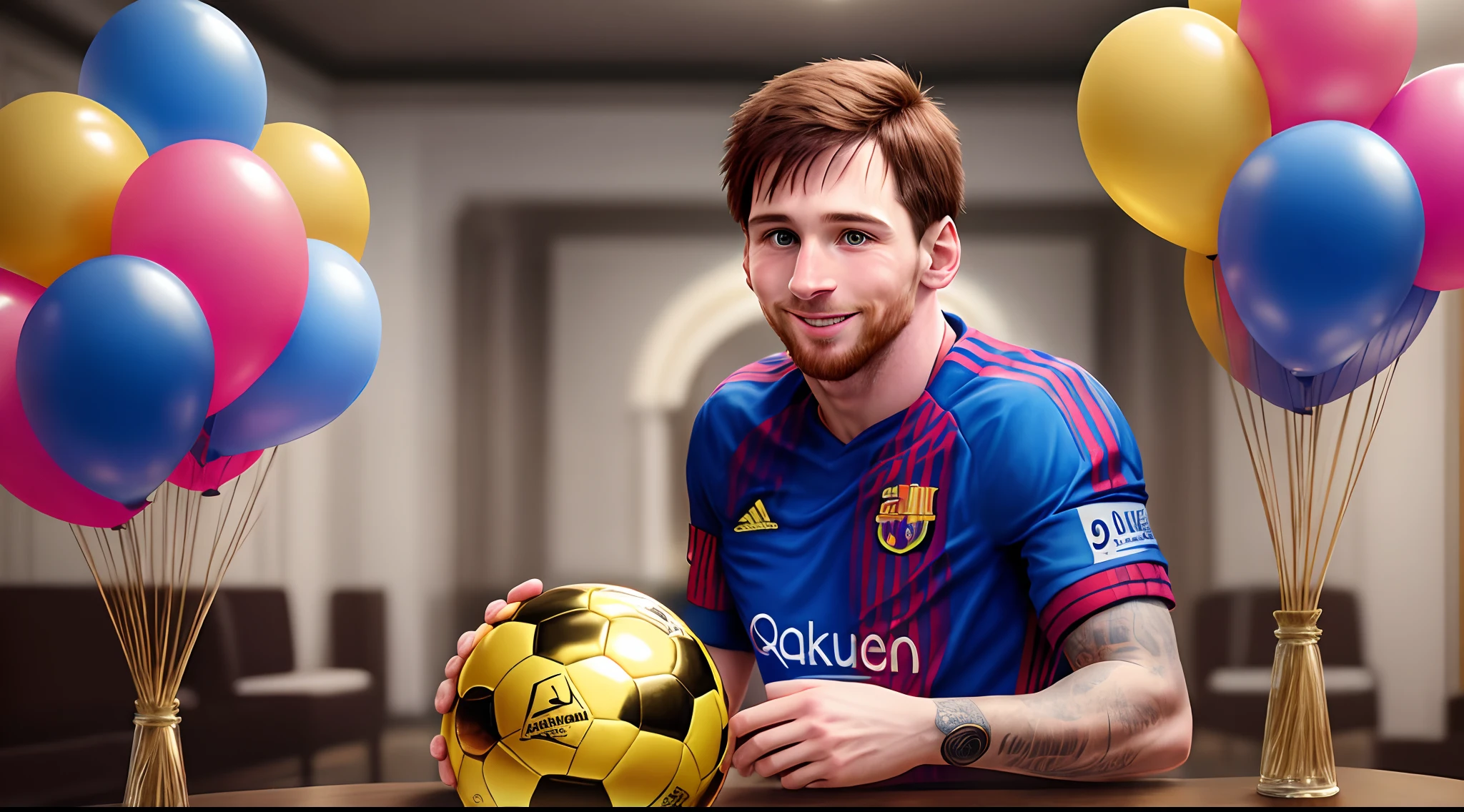 Messi dans un salon avec 8 ballons d’or et un sourire charmant