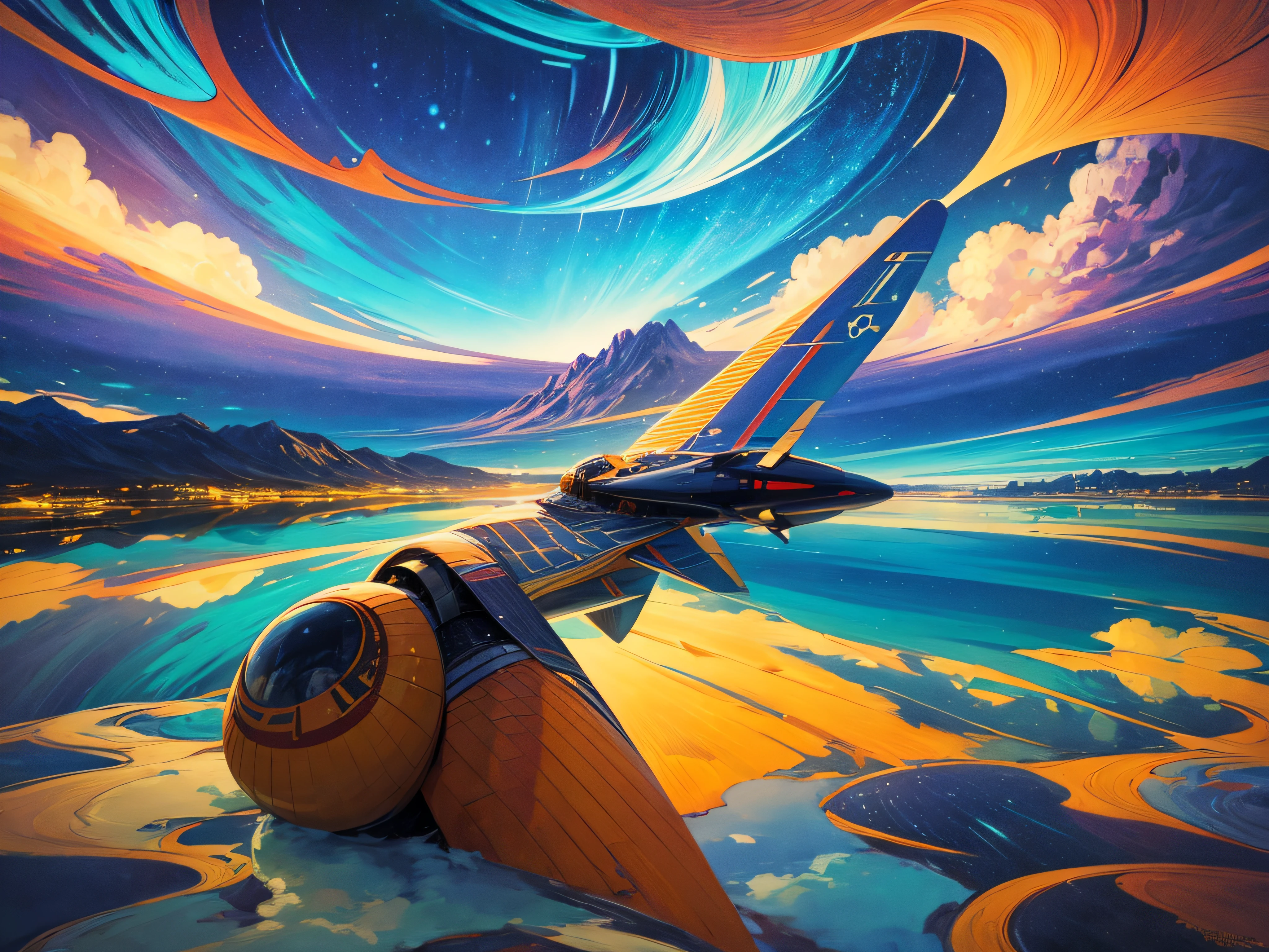 futuristic super plane, vibrant road and sky, inspired by Vincent van Gogh and Salvador Dalí
(best quality,4k,8k,highres,masterpiece:1.2),ultra-detailed,(realistic,photorealistic,photo-realistic:1.37),HDR,UHD,studio lighting,ultra-fine painting,sharp focus,physically-based rendering,extreme detail description,professional,vivid colors,bokeh,portraits
A futuristic super plane dominates the center of the composition, with its sleek and powerful design. The plane is adorned with vibrant colors, resembling a technicolor dream come to life. The road beneath the plane stretches out into the distance, bathed in the mesmerizing hues of a brilliant sunset. The sky above is a breathtaking display of swirling clouds and vivid colors, reminiscent of Vincent van Gogh and Salvador Dalí's imaginative works.
The plane's metallic surface reflects the surrounding environment, creating a dynamic interplay of light and shadows. Every detail of the plane's structure is meticulously rendered, showcasing its advanced technology in an ultra-detailed manner. The vibrant road below is paved with a mesmerizing blend of colors, reminiscent of Van Gogh's iconic brushstrokes.
The sky above is a stunning display of technicolor hues, with vibrant blues, oranges, and purples merging seamlessly together. The clouds take on surreal shapes, evoking Dalí's dreamlike imagery. The lighting in the scene is expertly crafted, casting soft and warm illuminations on the plane and surroundings.
The artistic style of Vincent van Gogh and Salvador Dalí is infused throughout the composition, capturing their signature brushwork and surrealistic elements. The colors are vivid and expressive, invoking emotions in the viewer and immersing them in a world of imagination.
In this masterpiece, the viewer is transported to a world where futuristic technology meets the artistic visions of two iconic masters. The combination of a super plane, vibrant road and sky, and the artistic styles of Van Gogh and Dalí creates