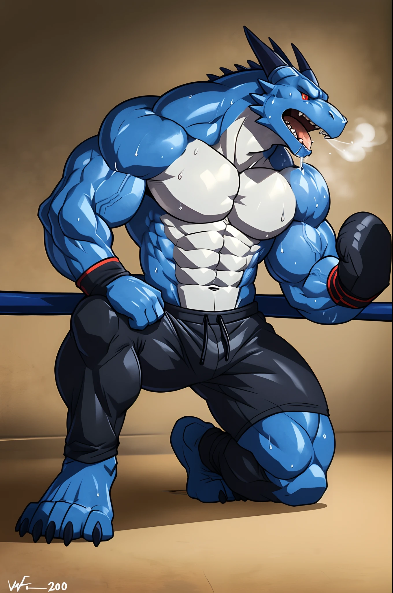 ((solo) full height):1, (anthro) blue dragon, lora, adult, mature, masculine, slim:1.2, skinny:1.2, tall:1, (correct anatomy:1.2), vascular veins, (correct proportions:1.3), topless, (shirtless, bare paws, boxing gloves, black sweatpants), ultradetailed, (by wfa:1.2), (by takemoto_arashi, by vorusuarts, by Traver009:1, by grimfaust:1), natural lighting ((boxing ring):2.4 background), (sweat:1.4, wet:1.6), (lots of sweat flowing down) exhausted, dragon head ((open:1 eyes, detailed):1.2), open mouth (steaming breath:1.2, drooling, dripping saliva, thick drool) tongue sticking out, (serious:1.4) expression), in pain, fallen down, kneeling on one knee:1, one knee up, collapsed, arms down