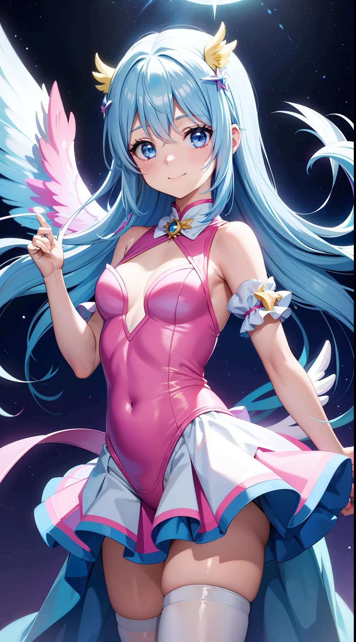 Super Idol　Little girl　A charming smile　sky blue hair　length hair　Twin-tailed　Glittery bright pink and white and blue and yellow leotards　facing front　7 colors of angel great wings on the back　Mystical　Fantasia　constellation　a moon　Crystal Brilliance　Aurora Borealis in the Night Sky