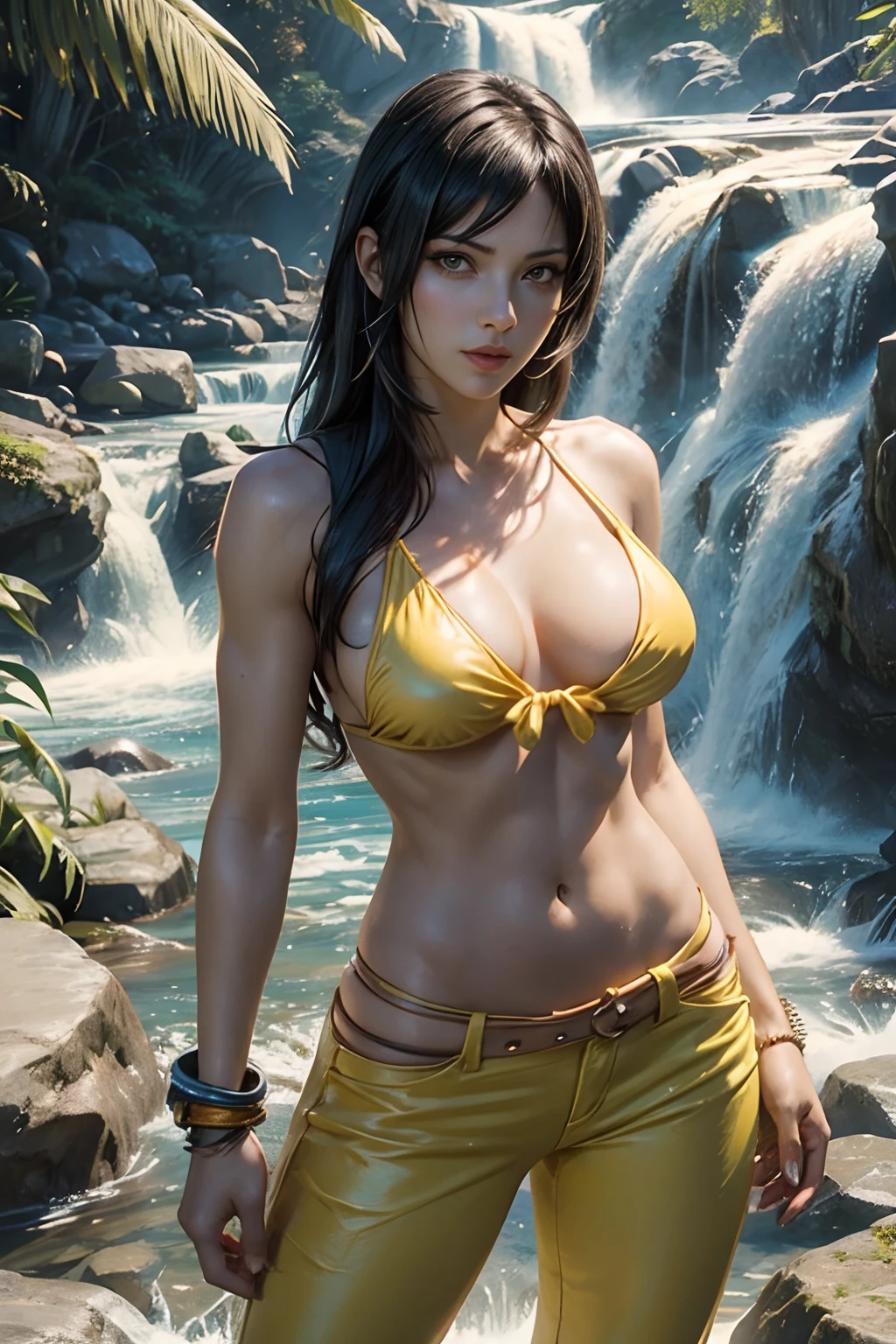 a woman in a bikini top and yellow pants standing in front of a waterfall, nico robin, tifa lockhart, seductive tifa lockhart portrait, senna from league of legends, tifa, tifa lockheart, tifa lockhart portrait, portrait of tifa lockhart, seductive anime girl, glamorous tifa lockheart, beautiful alluring anime woman, portrait knights of zodiac girl