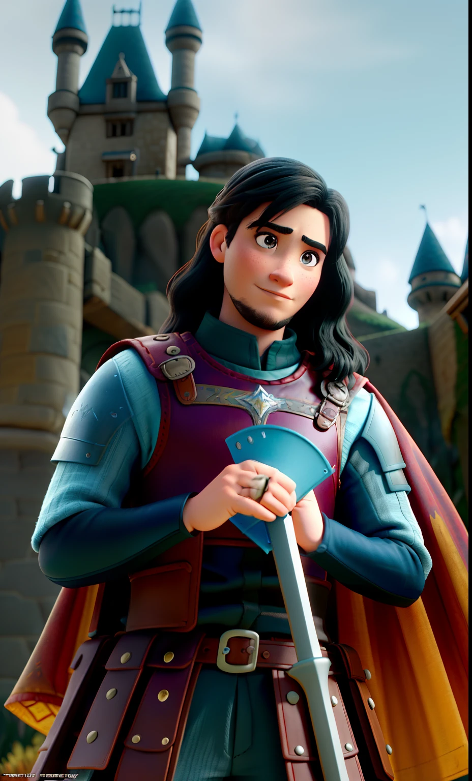 Create an epic Disney pixar movie poster of a Game of thrones character, Um rei guerreiro usando uma coroa, segurando uma espada, usando uma armadura medieval, em Batle Field. Estilo Pixar, Cartoon, cores vibrantes, cinemactic, altamente detalhado, Rosto detalhado, Cinematic lighting.