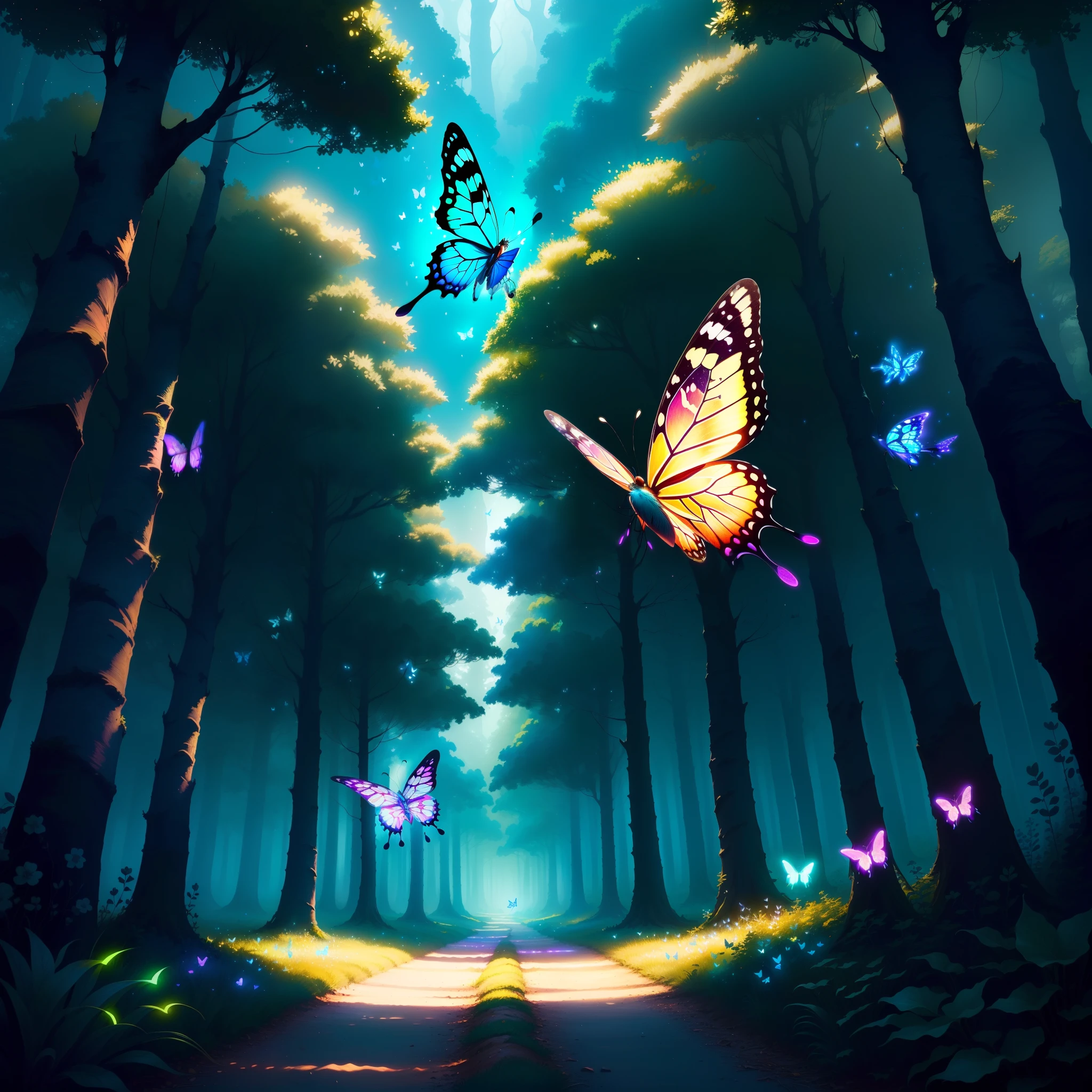 magical butterflies, neon effects, 4k, flying through a magical forest, pixar, disney style