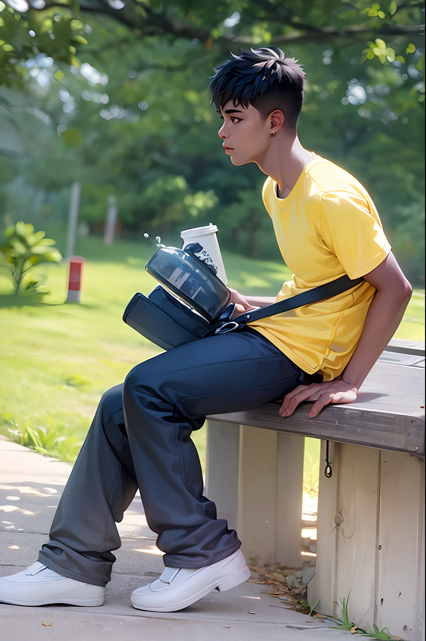 Boy with coffee futuristic background realisti c face 8k ultra high hd